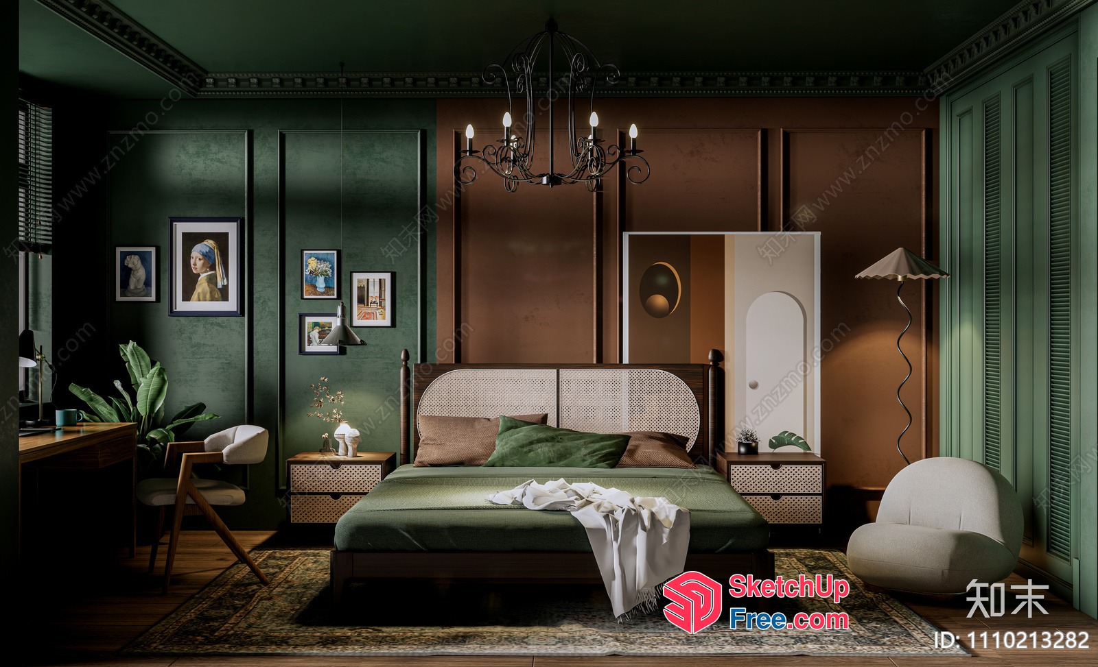 Modern Bedroom With Dark Green And Brown Color Scheme 3D SketchUp File