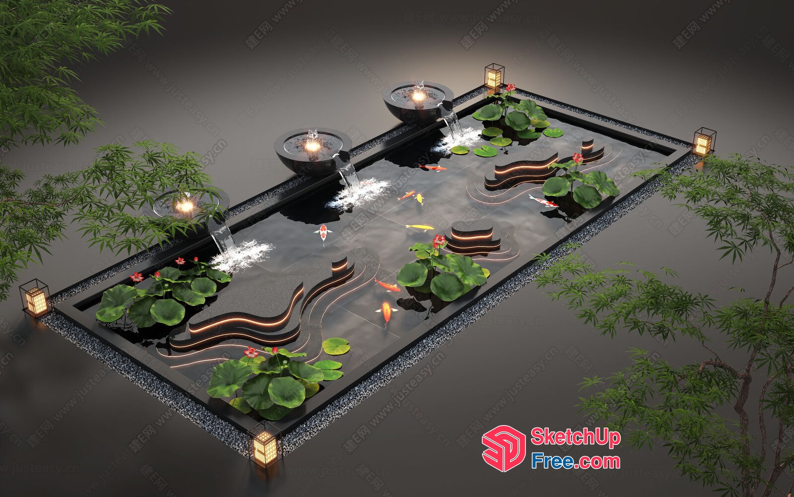 Serene Japanese-Style Pond With Koi Fish And Water Lilies 3D SketchUp File