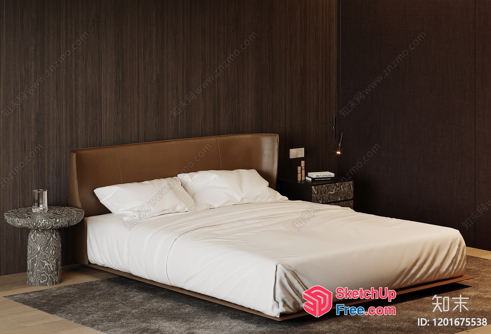 Modern Bedroom Interior Design With Brown Leather Headboard 3D SketchUp File