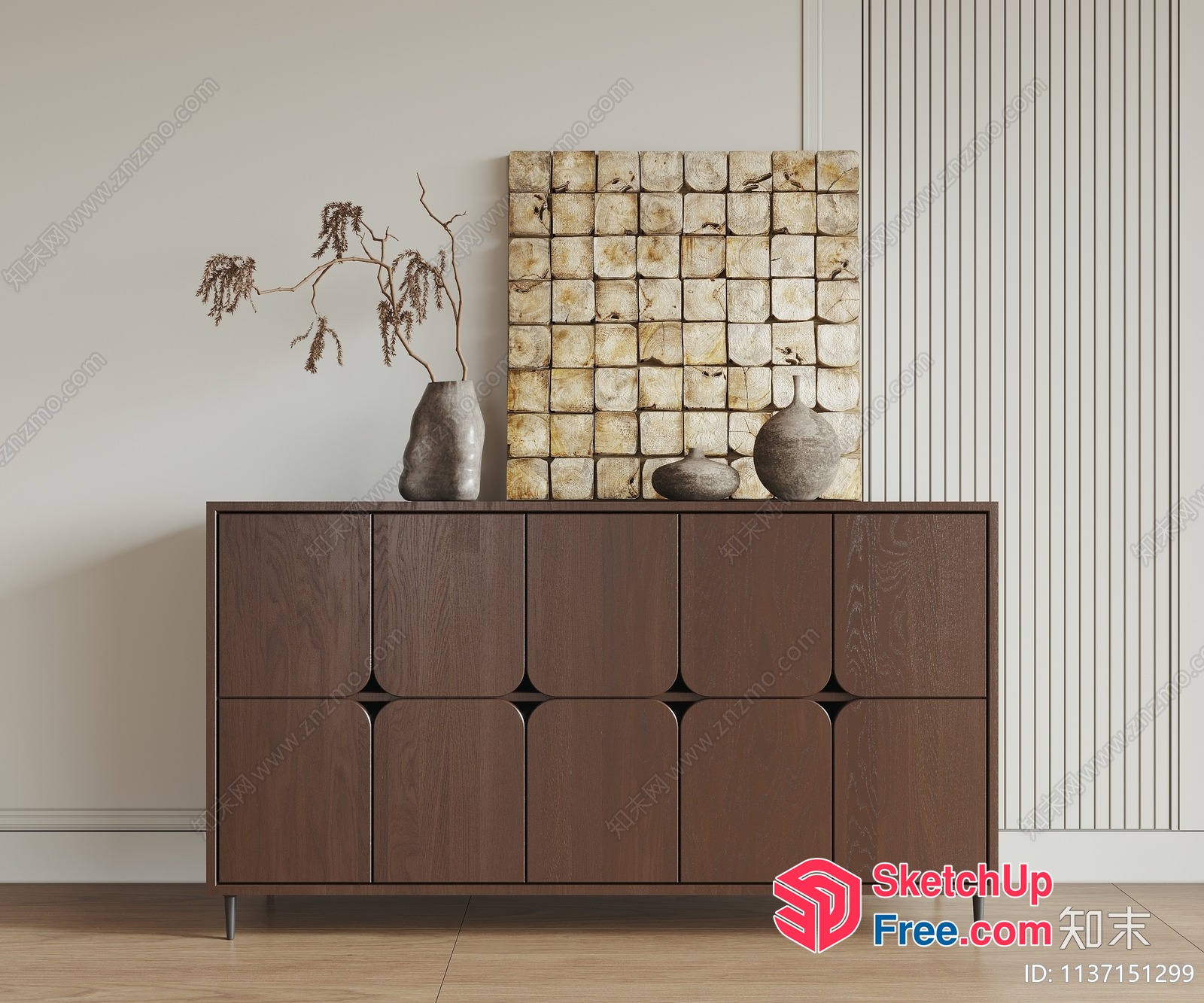 Mid-Century Modern Sideboard With Vase And Decorative Pieces 3D SketchUp File