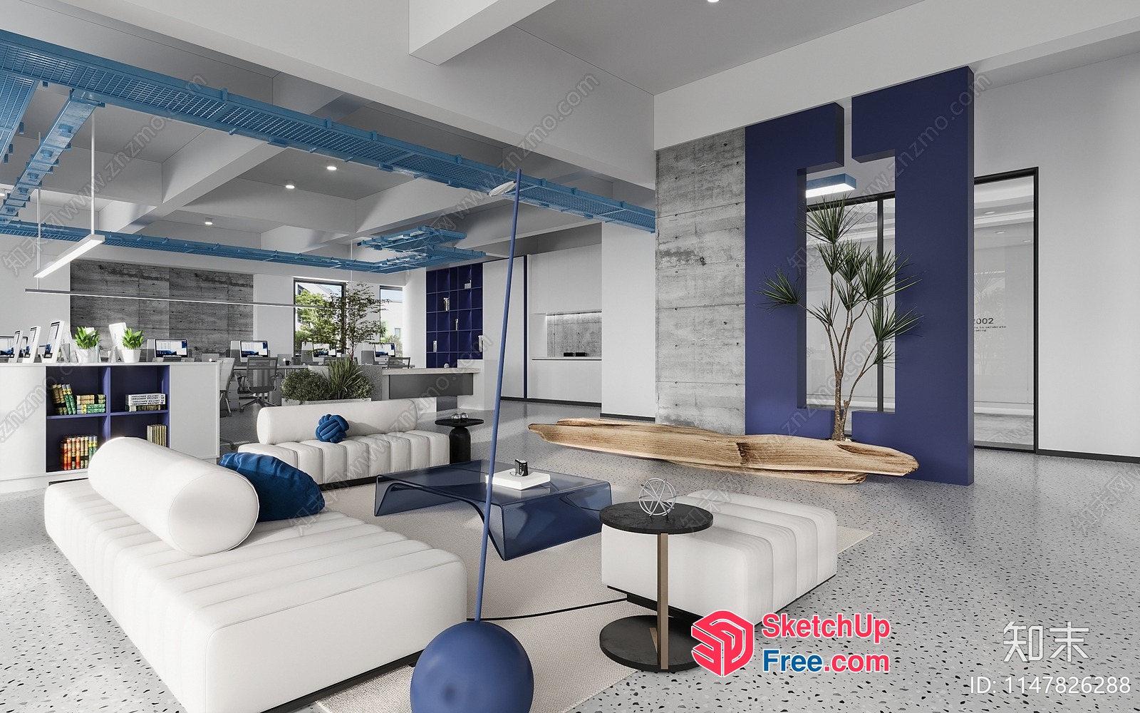 Modern Office Space With White And Blue Accents 3D SketchUp File