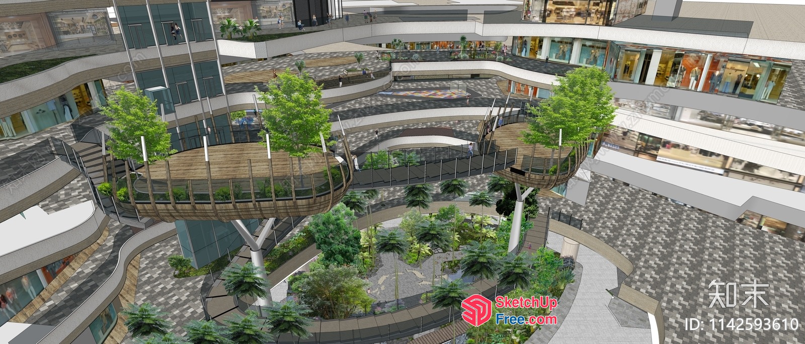 Modern Commercial Street With Curved Walkways And Greenery 3D SketchUp File
