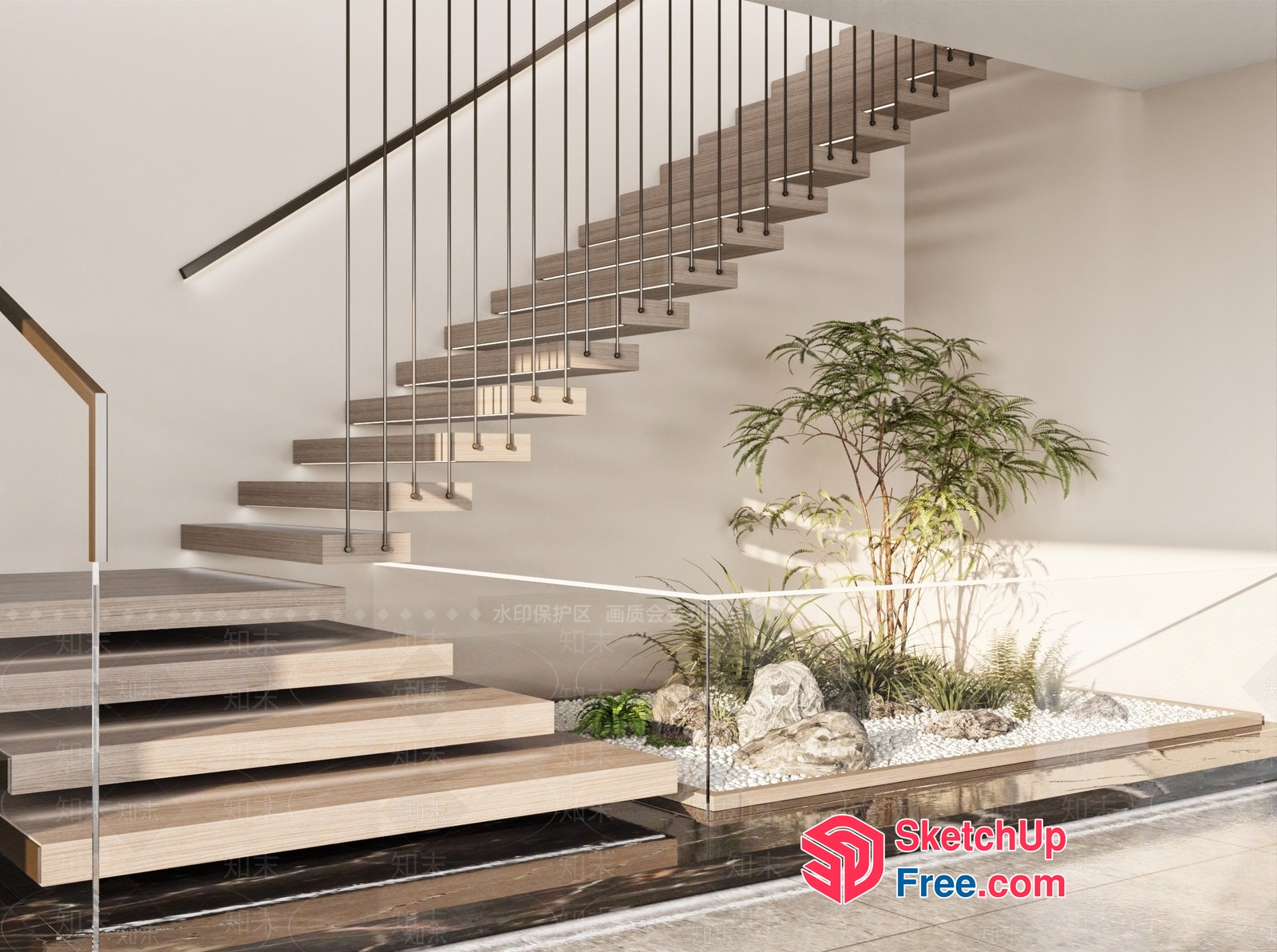 Modern Staircase With Glass Railing And Plant Display 3D SketchUp File