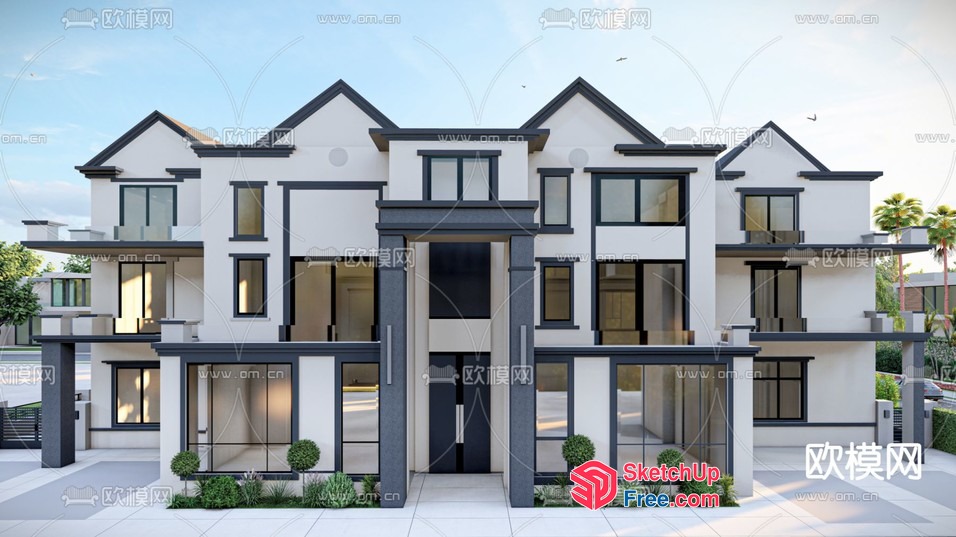 Elegant Modern Villa Exterior With Glass Curtain Wall 3D SketchUp File
