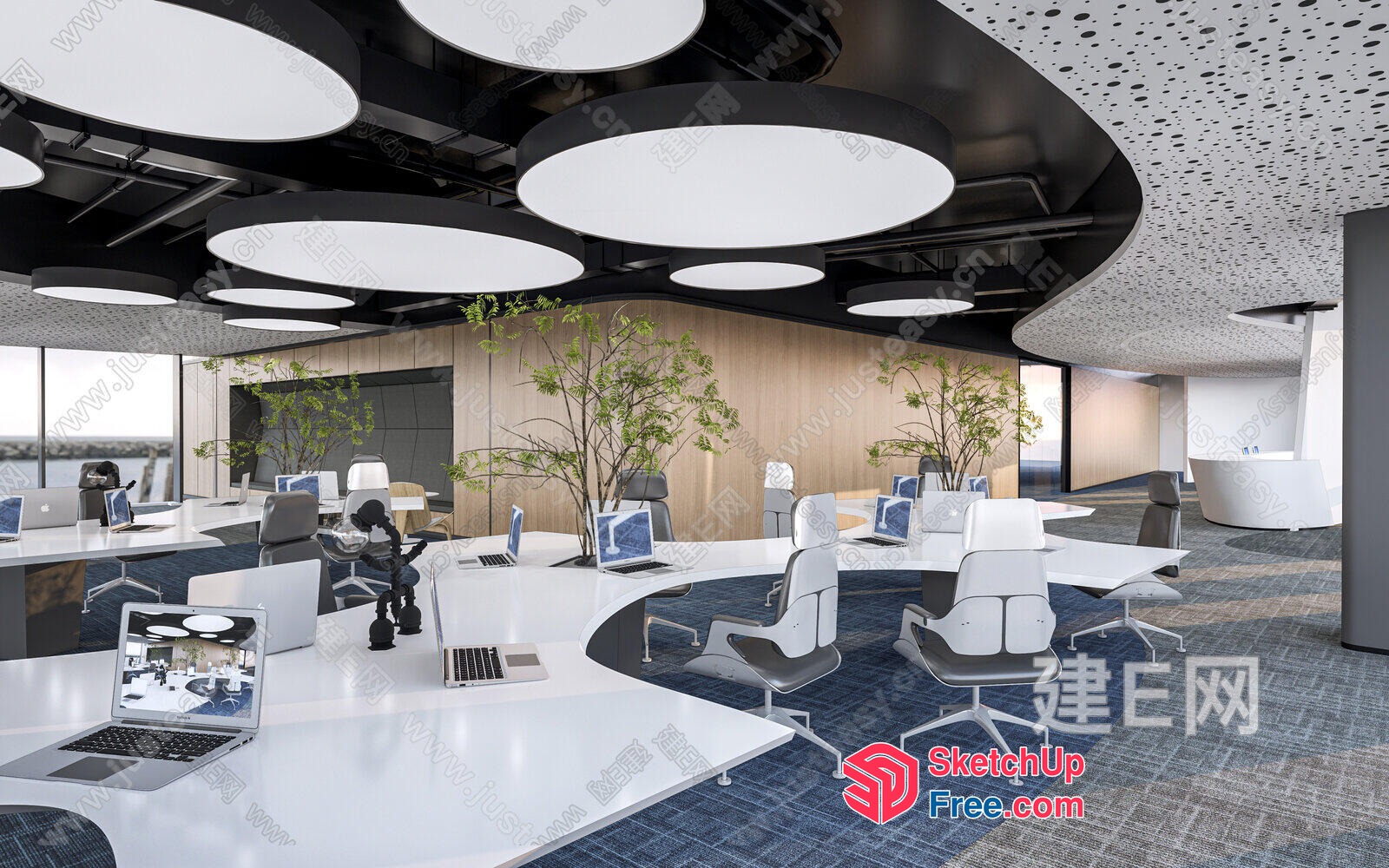 Modern Office Space With Sleek White Desks And Circular Ceiling Features 3D SketchUp File