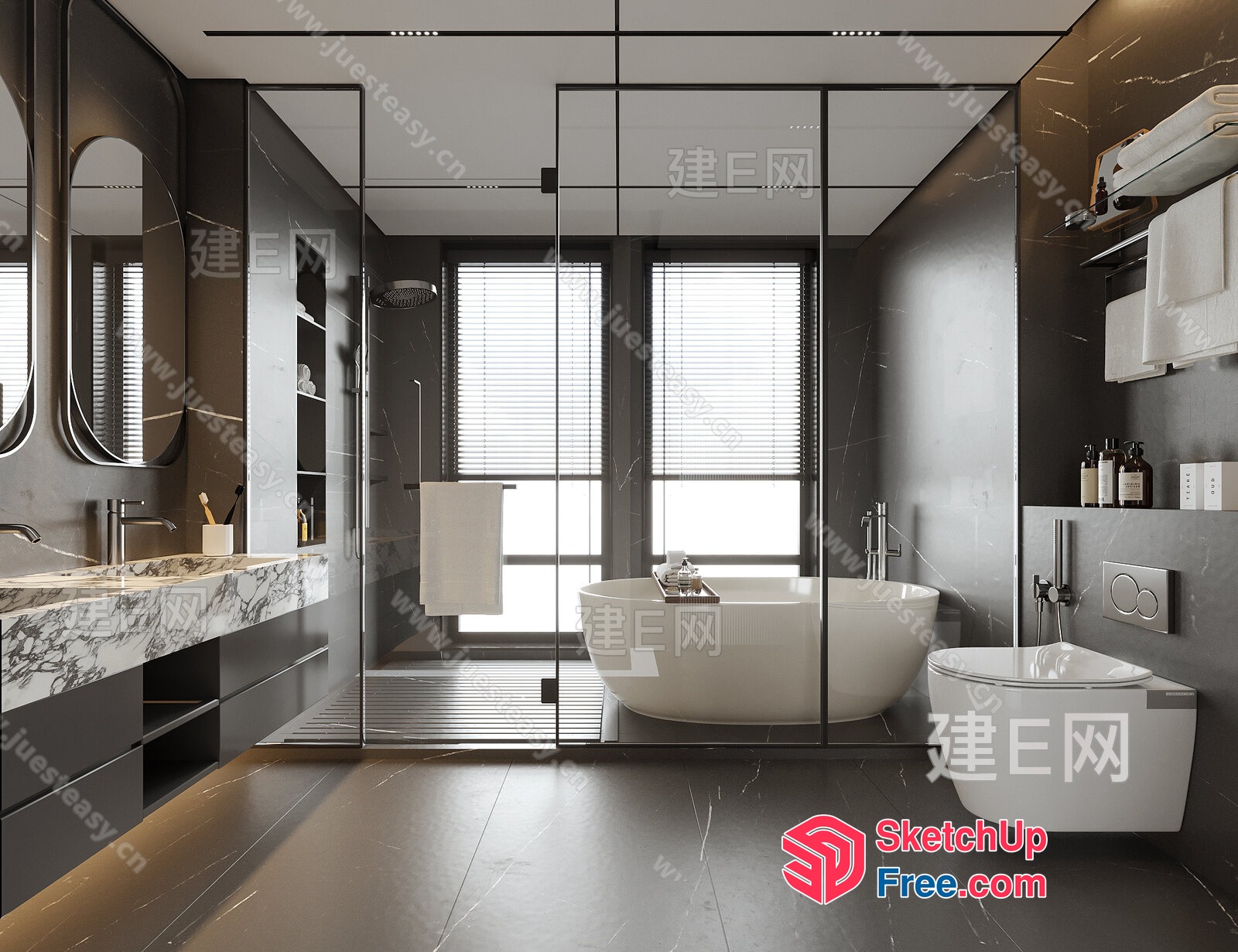 Modern Bathroom Interior With White Bathtub And Glass Shower 3D SketchUp File