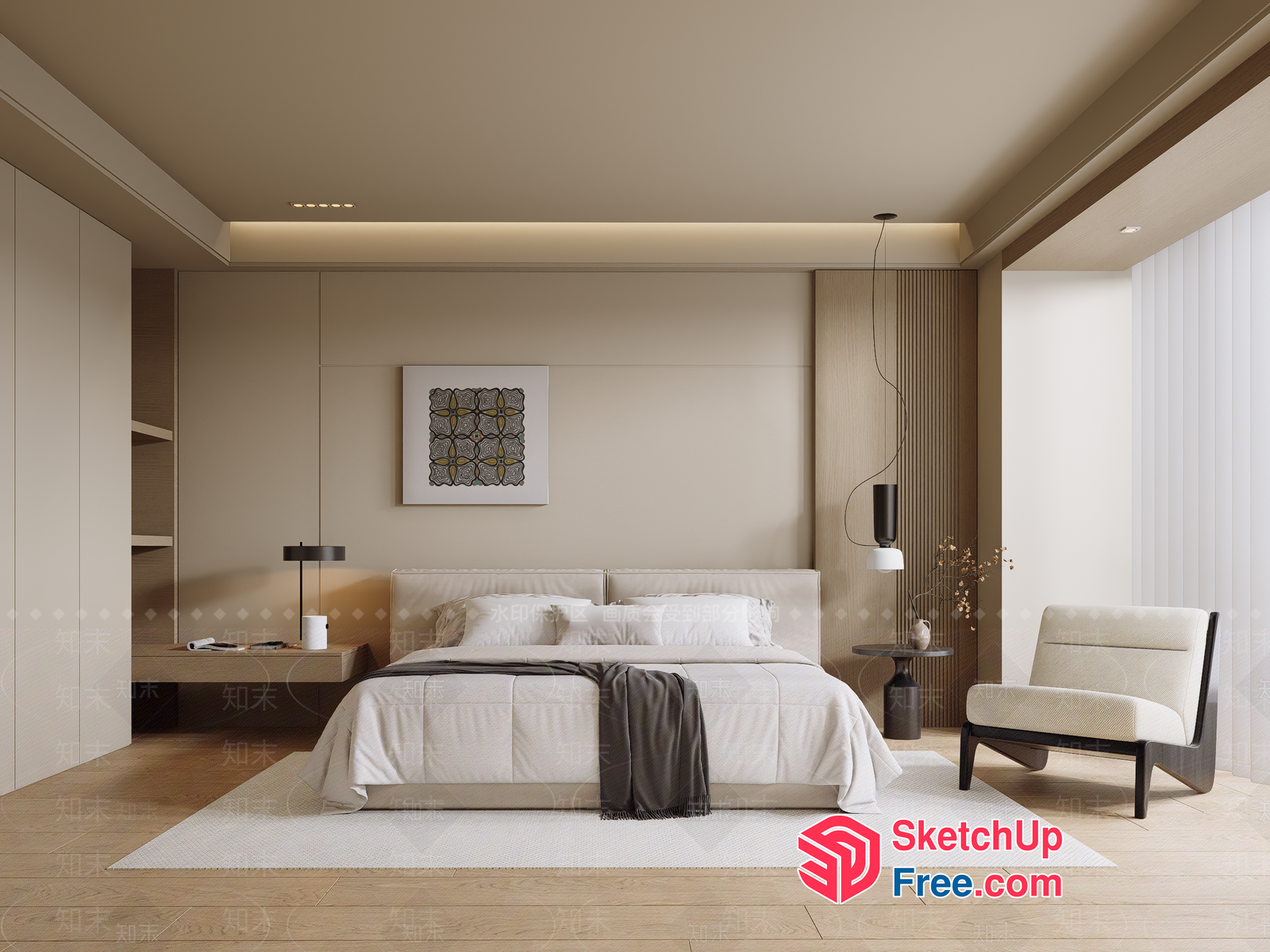 Modern Minimalist Bedroom With Creamy Style Decor 3D SketchUp File