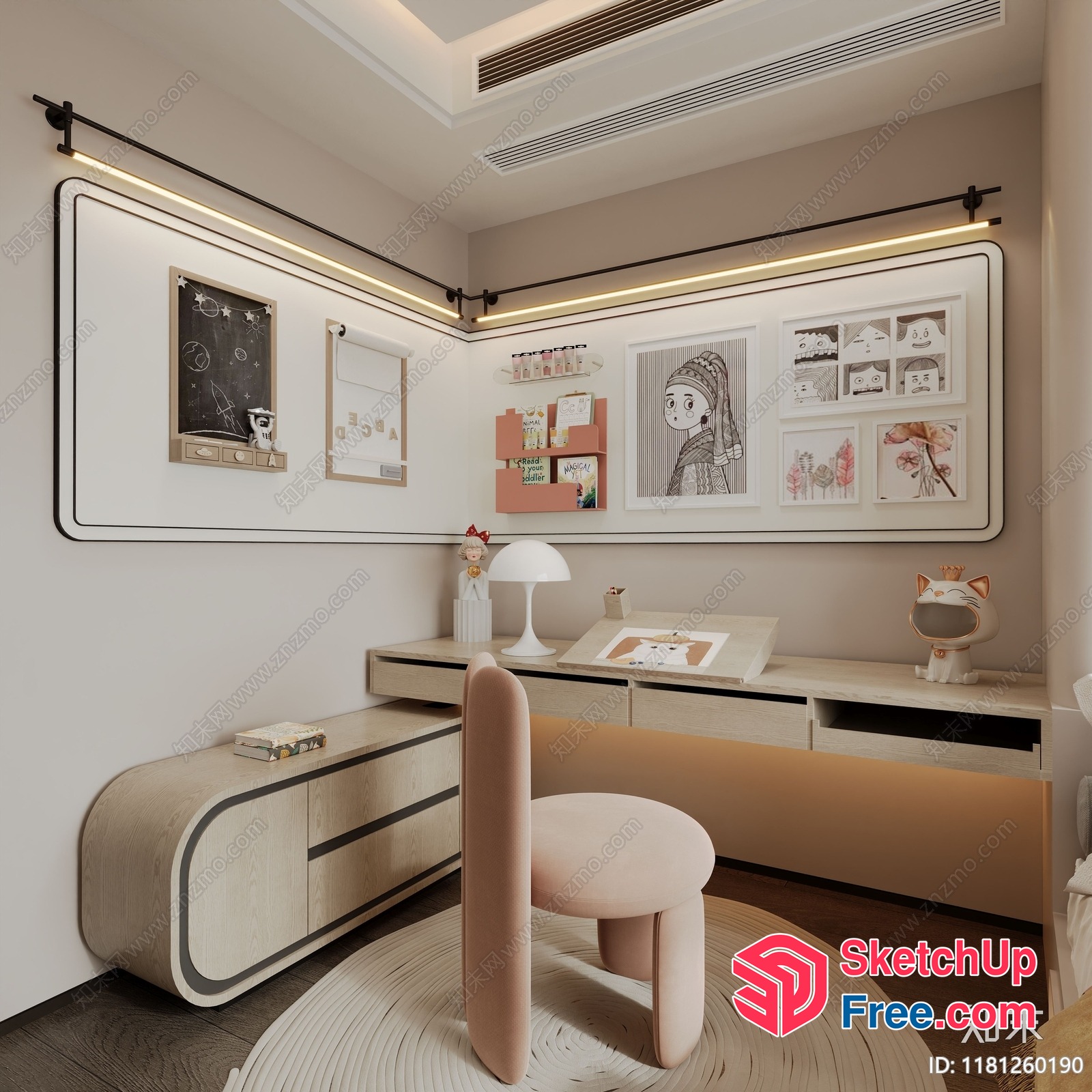 Minimalist Japanese-Style Study Room With Creamy And White Decor 3D SketchUp File