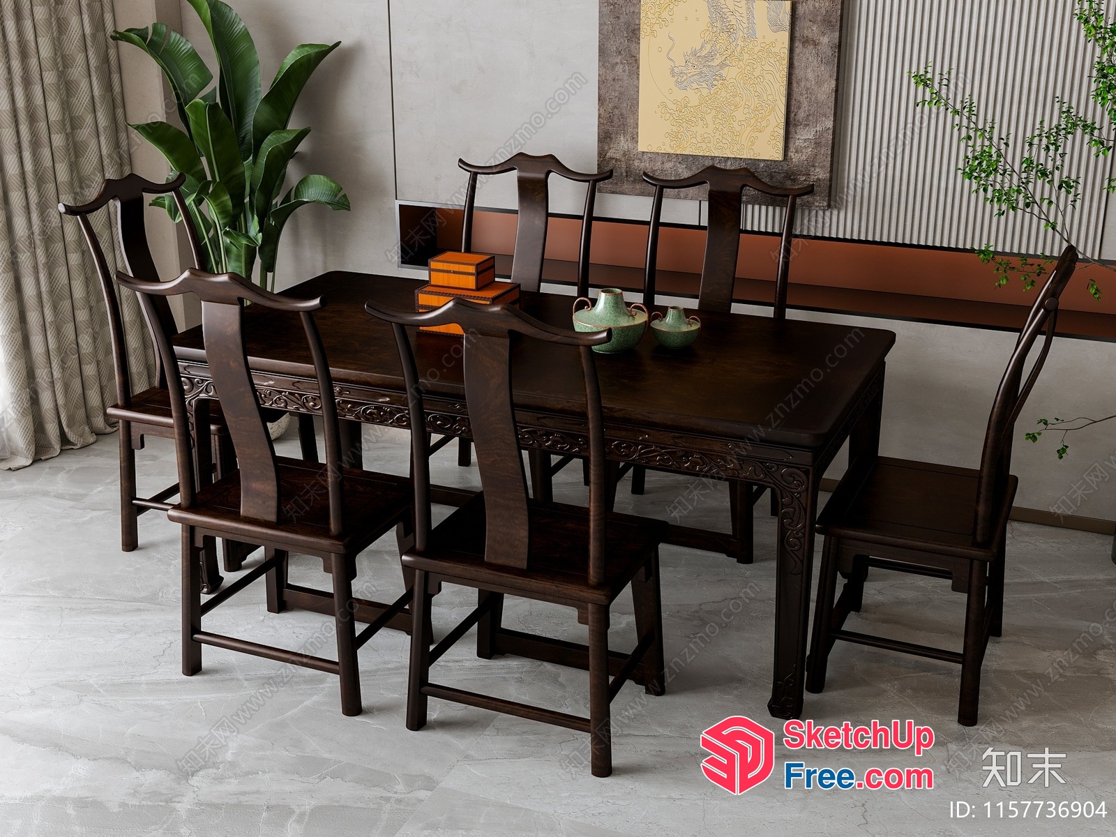 Elegant Dark Wood Dining Table And Chairs 3D SketchUp File