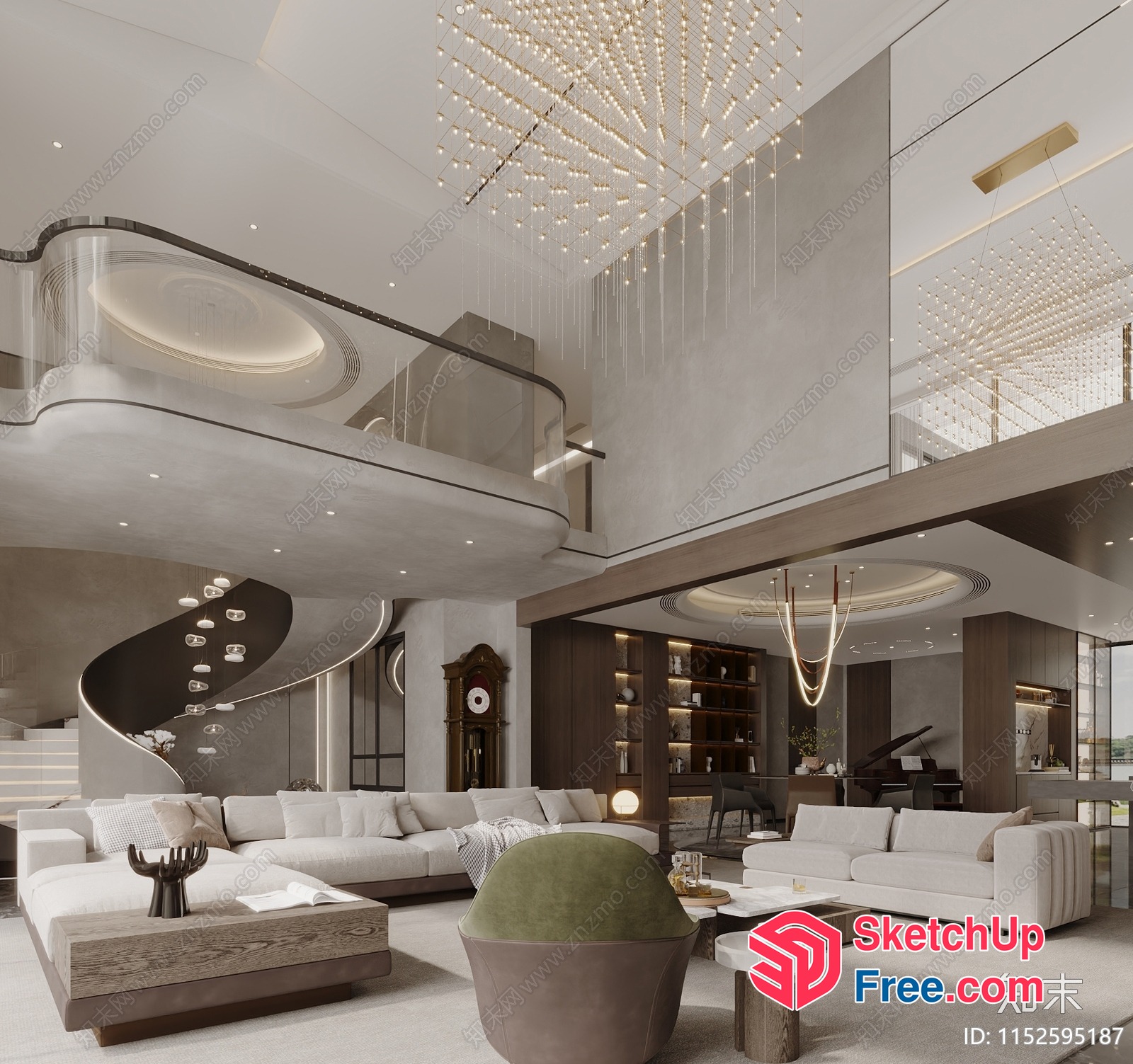 Modern Luxury Living Room With Grand Staircase And Chandelier 3D SketchUp File