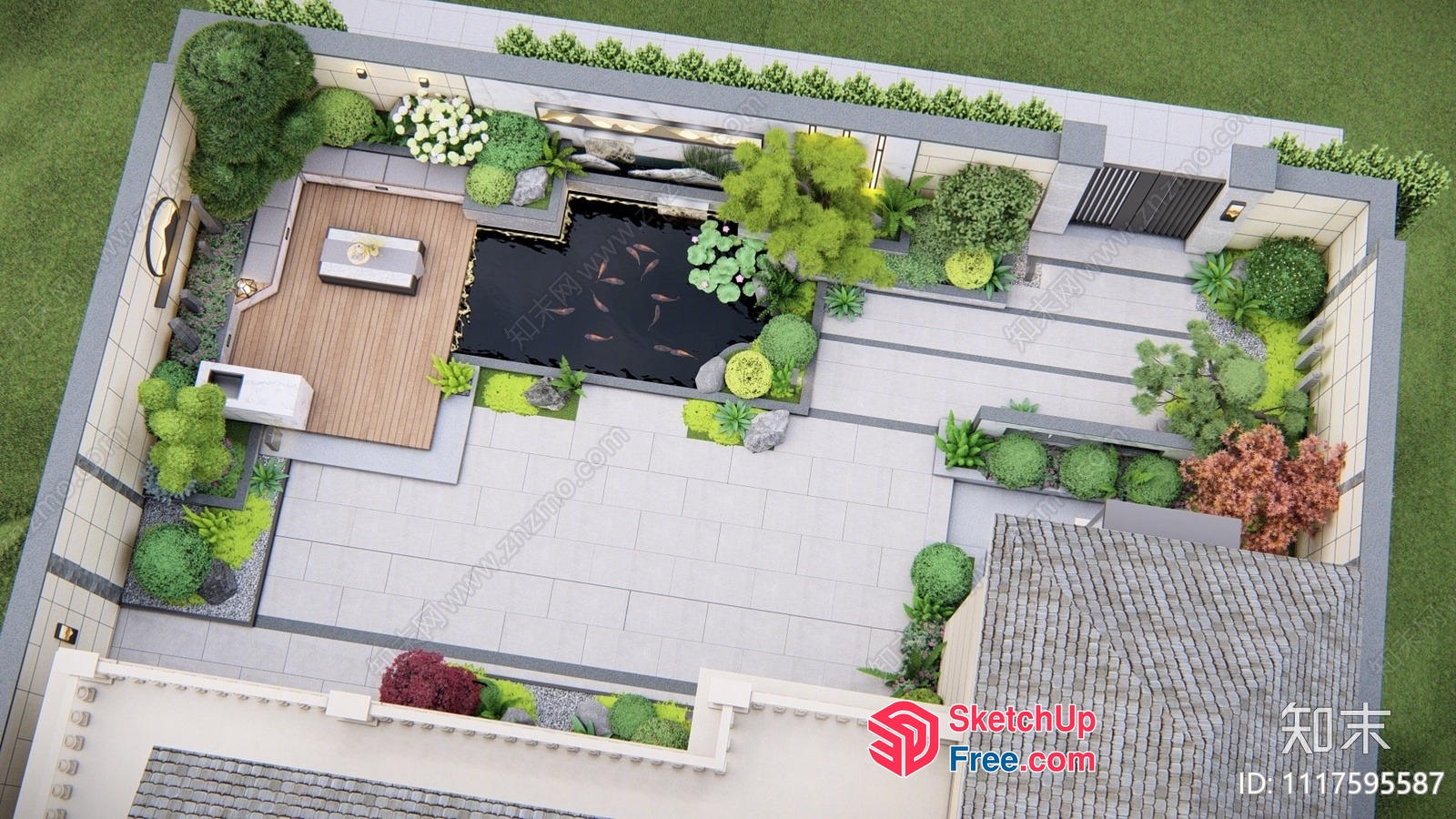 Modern Japanese-Style Garden With Koi Pond And Waterfall 3D SketchUp File