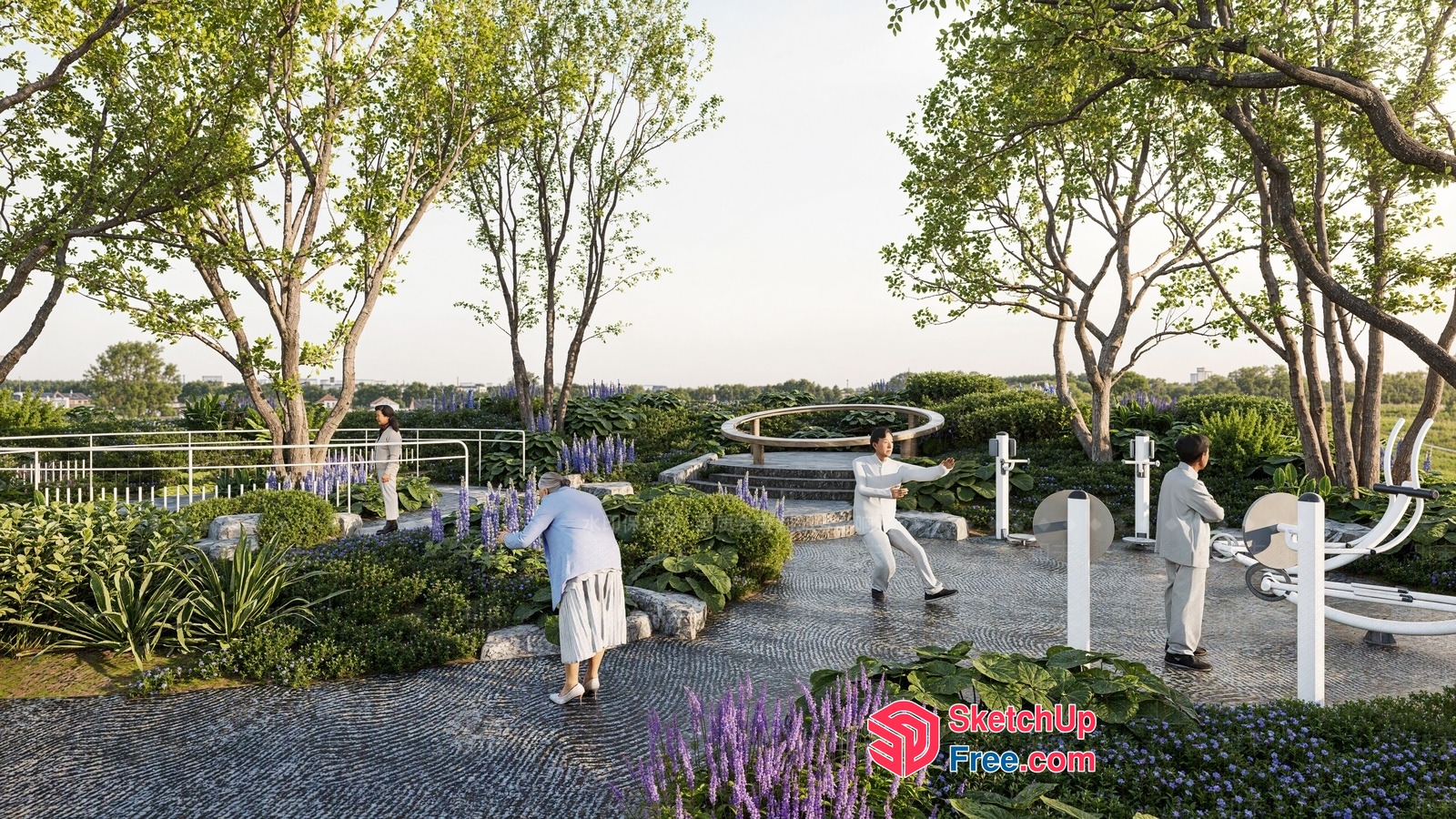 Elderly Outdoor Fitness Area With Serene Garden Ambiance 3D SketchUp File
