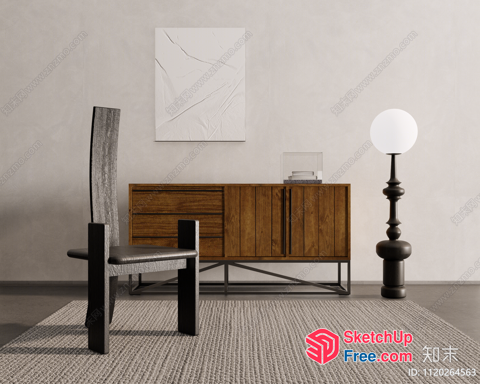 Minimalist European Style Interior With Wooden Furniture And Abstract Art 3D SketchUp File