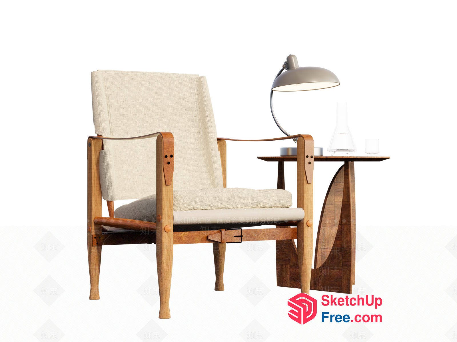 Modern Wood And Fabric Armchair With Side Table 3D SketchUp File