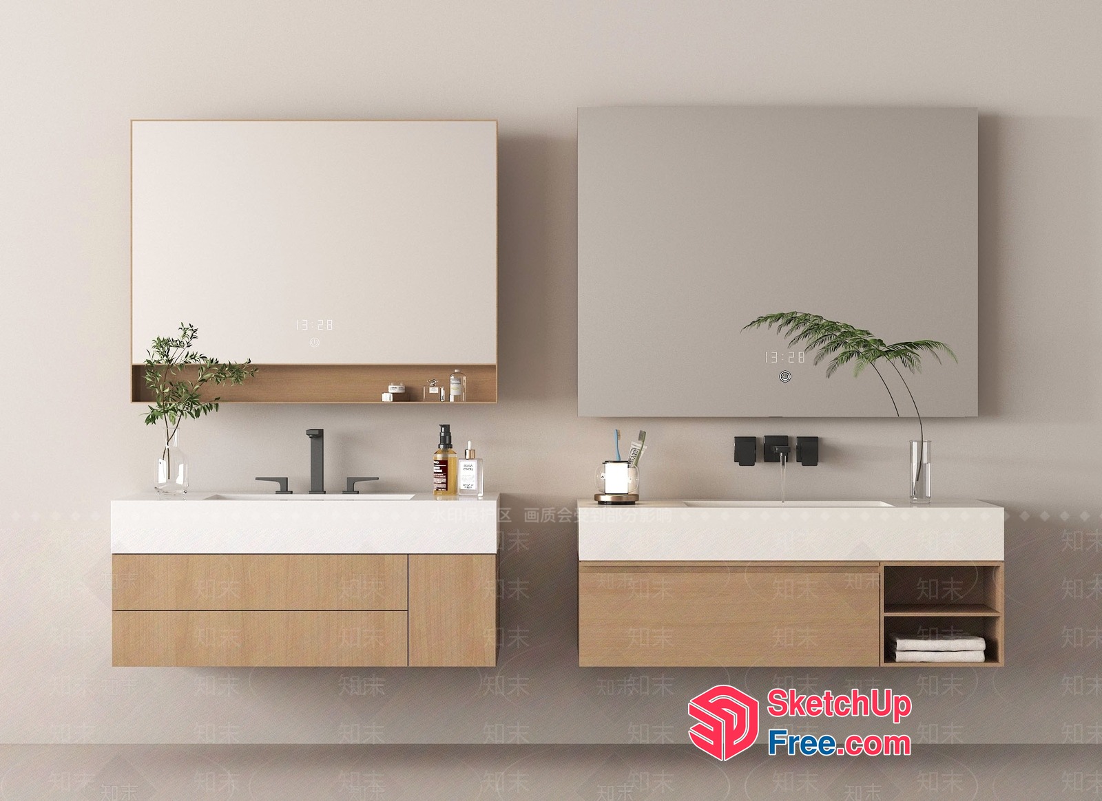 Modern Bathroom Vanity With Sleek White Countertops And Wood Cabinets 3D SketchUp File