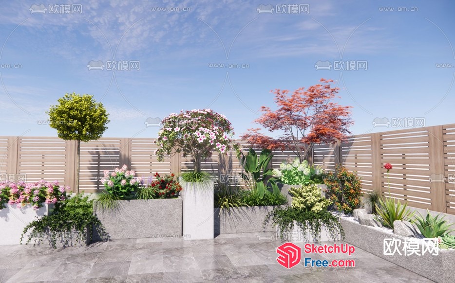 Serene Outdoor Oasis With Potted Plants And Decorative Wall 3D SketchUp File