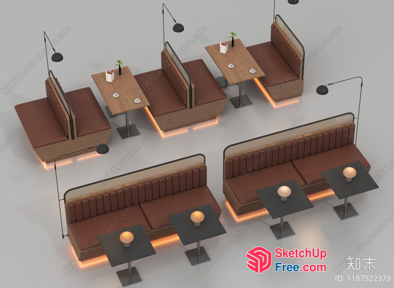 Modern Brown Booths With Tables And Lighting 3D SketchUp File