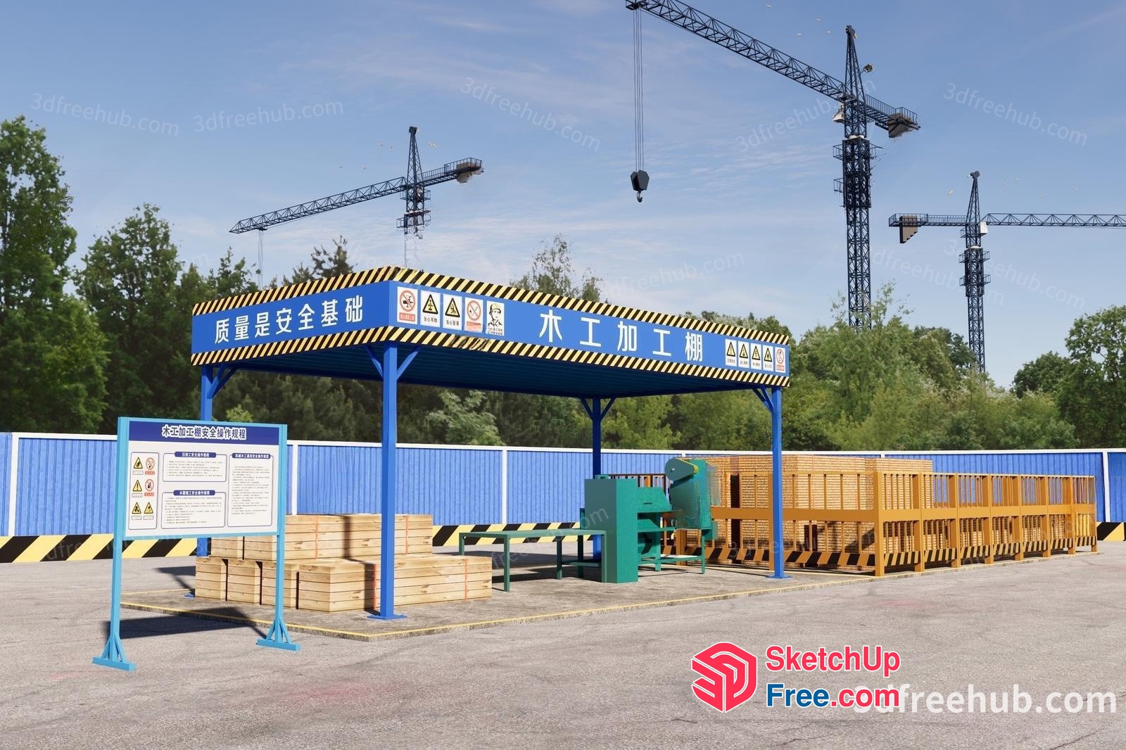 Blue And Yellow Warning Sign In Industrial Park 3D SketchUp File