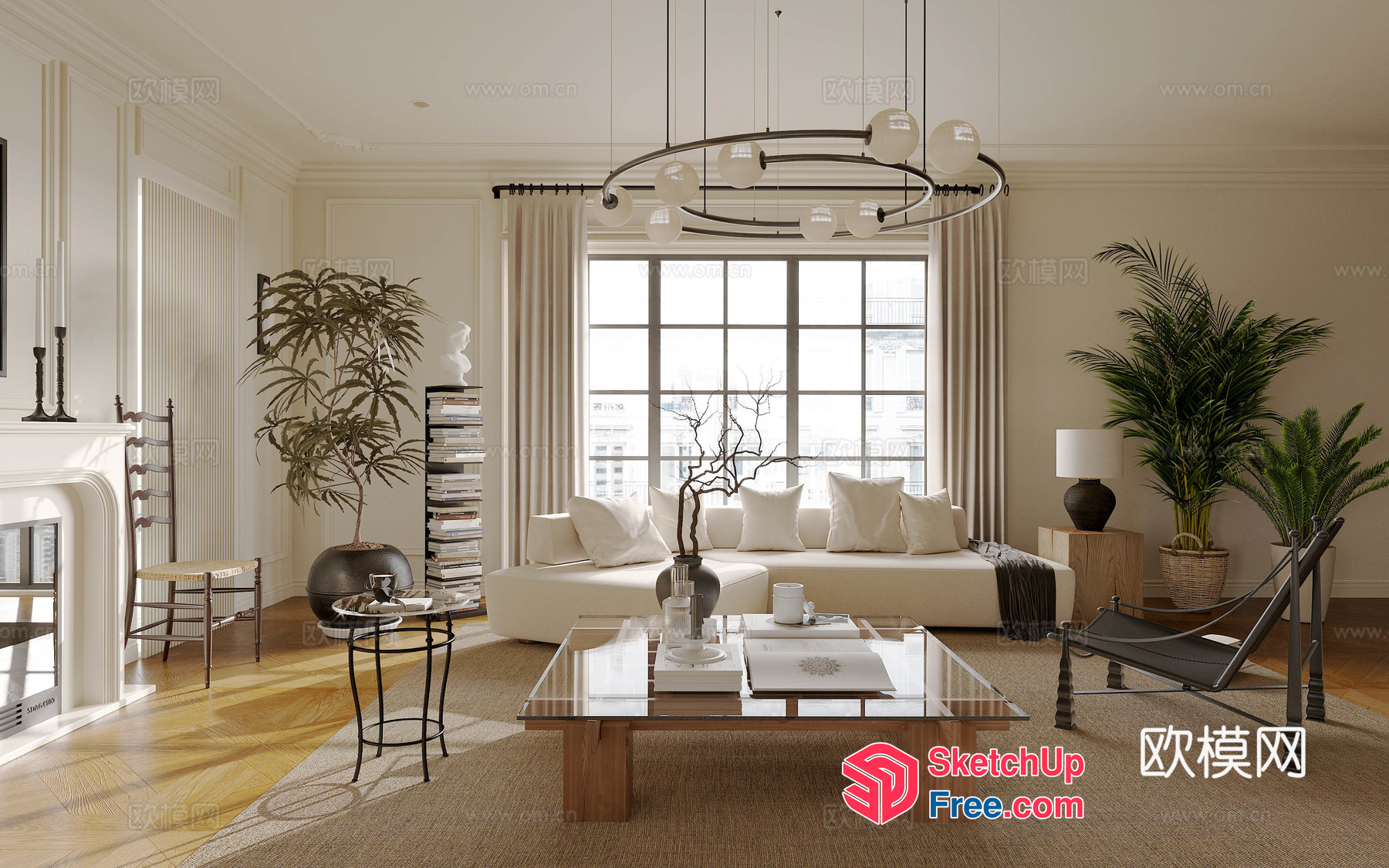 Elegant Living Room With White Sofa And Glass Coffee Table 3D SketchUp File