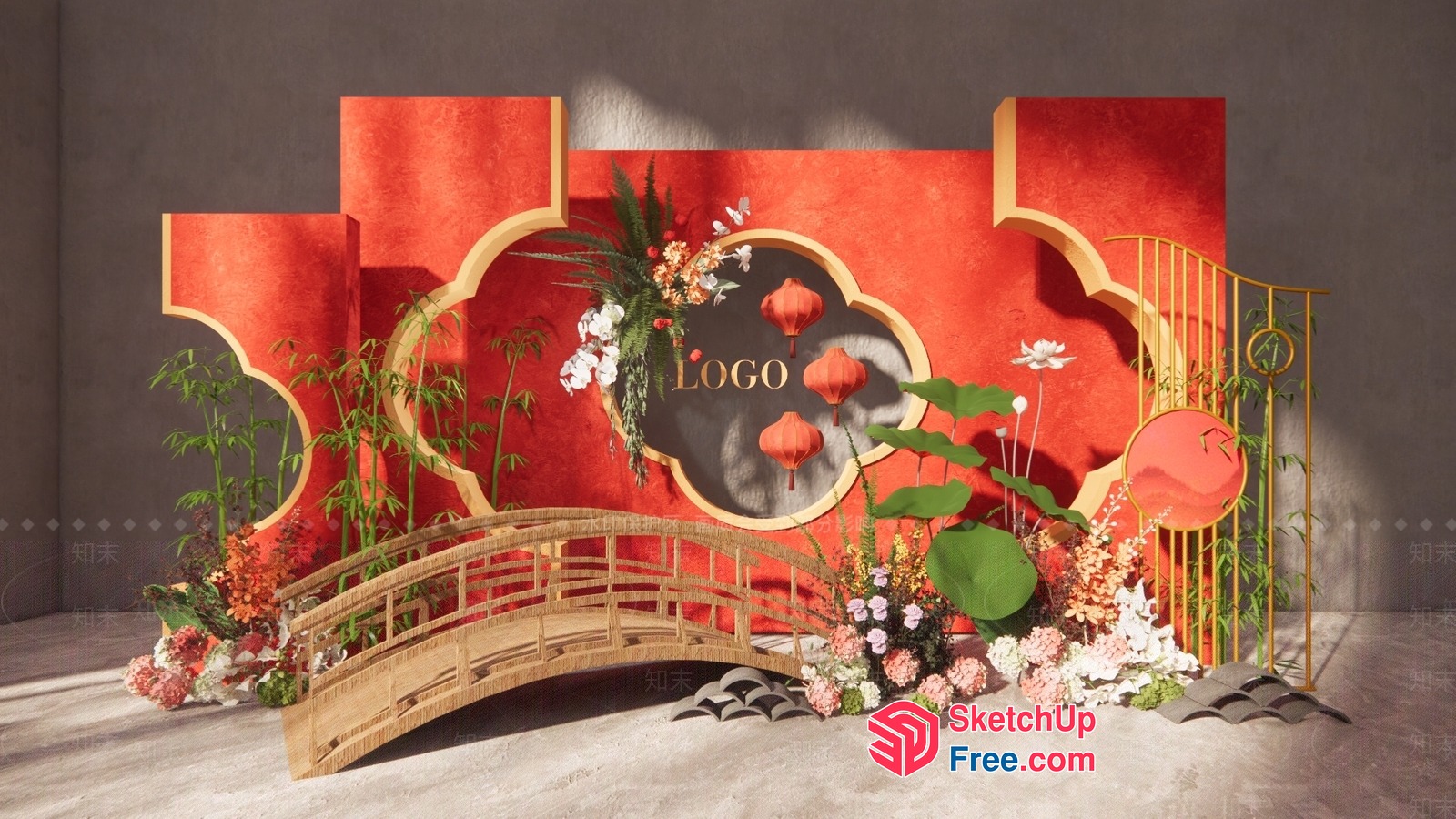 Oriental Bridge And Lanterns Interior 3D SketchUp File