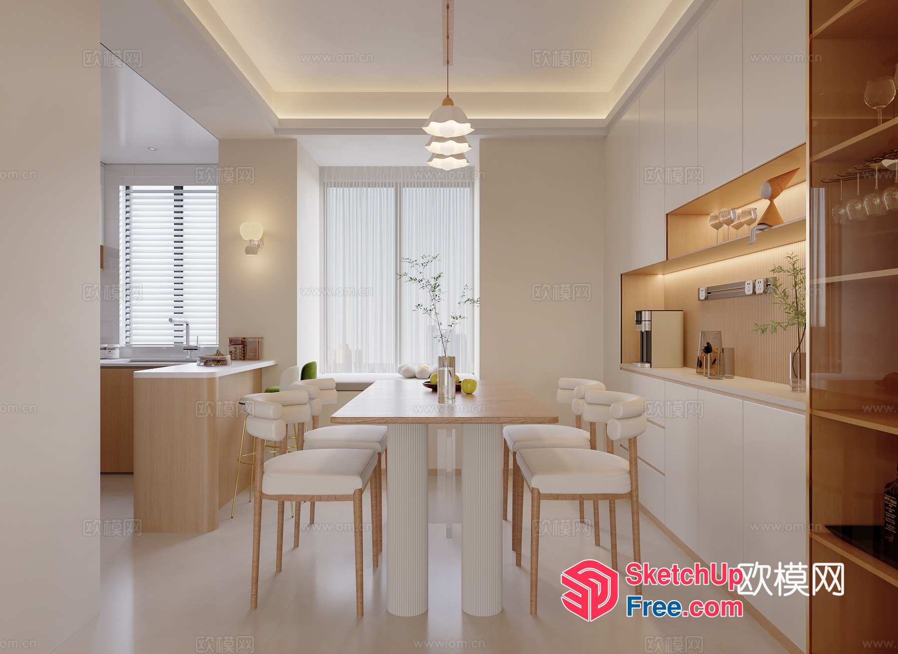 Modern Minimalist Dining Room With White And Wood Accents 3D SketchUp File