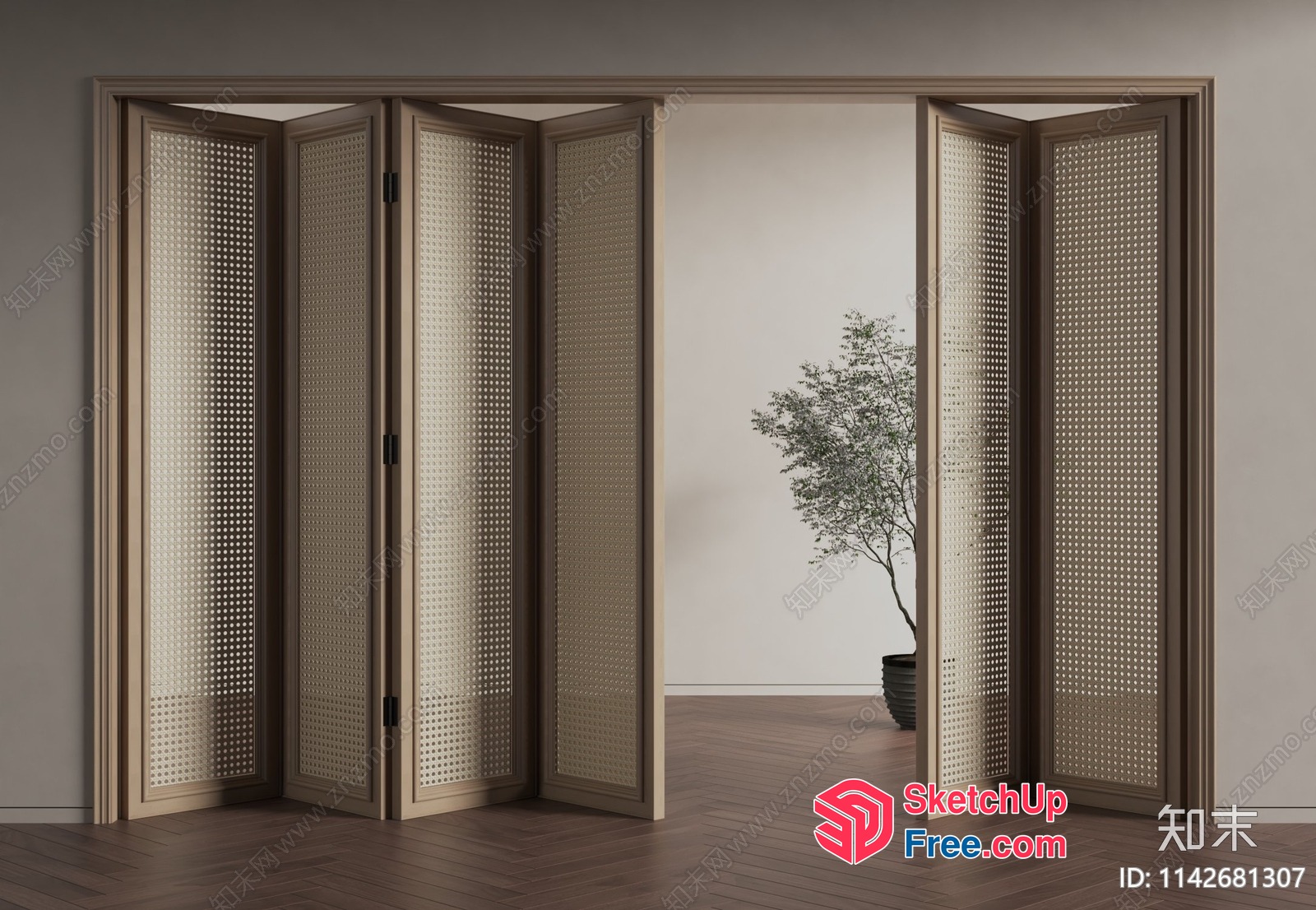 Partition Screen With Open Door And Potted Plant 3D SketchUp File
