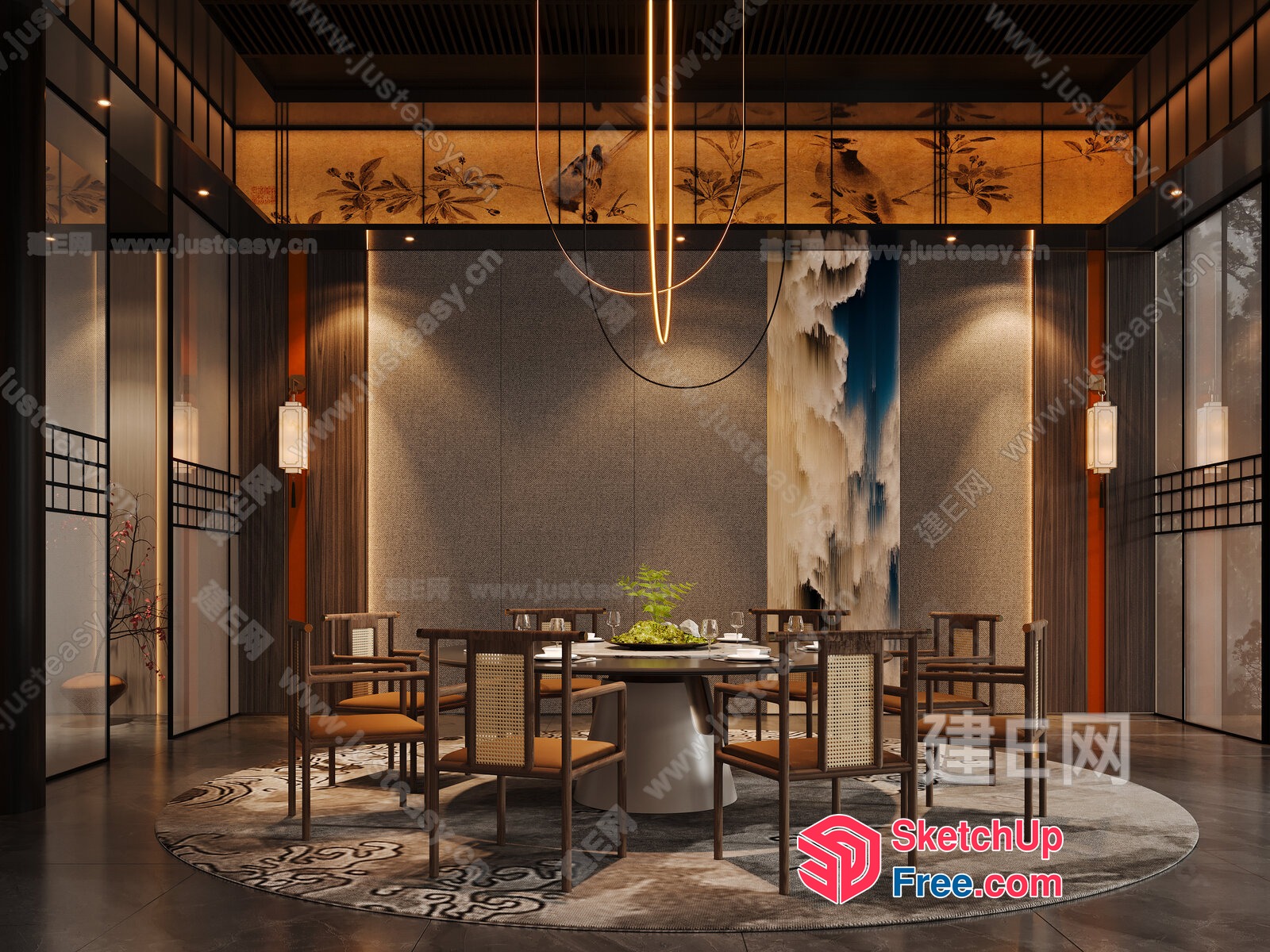 Elegant Dining Room With Asian-Inspired Decor And Modern Lighting 3D SketchUp File