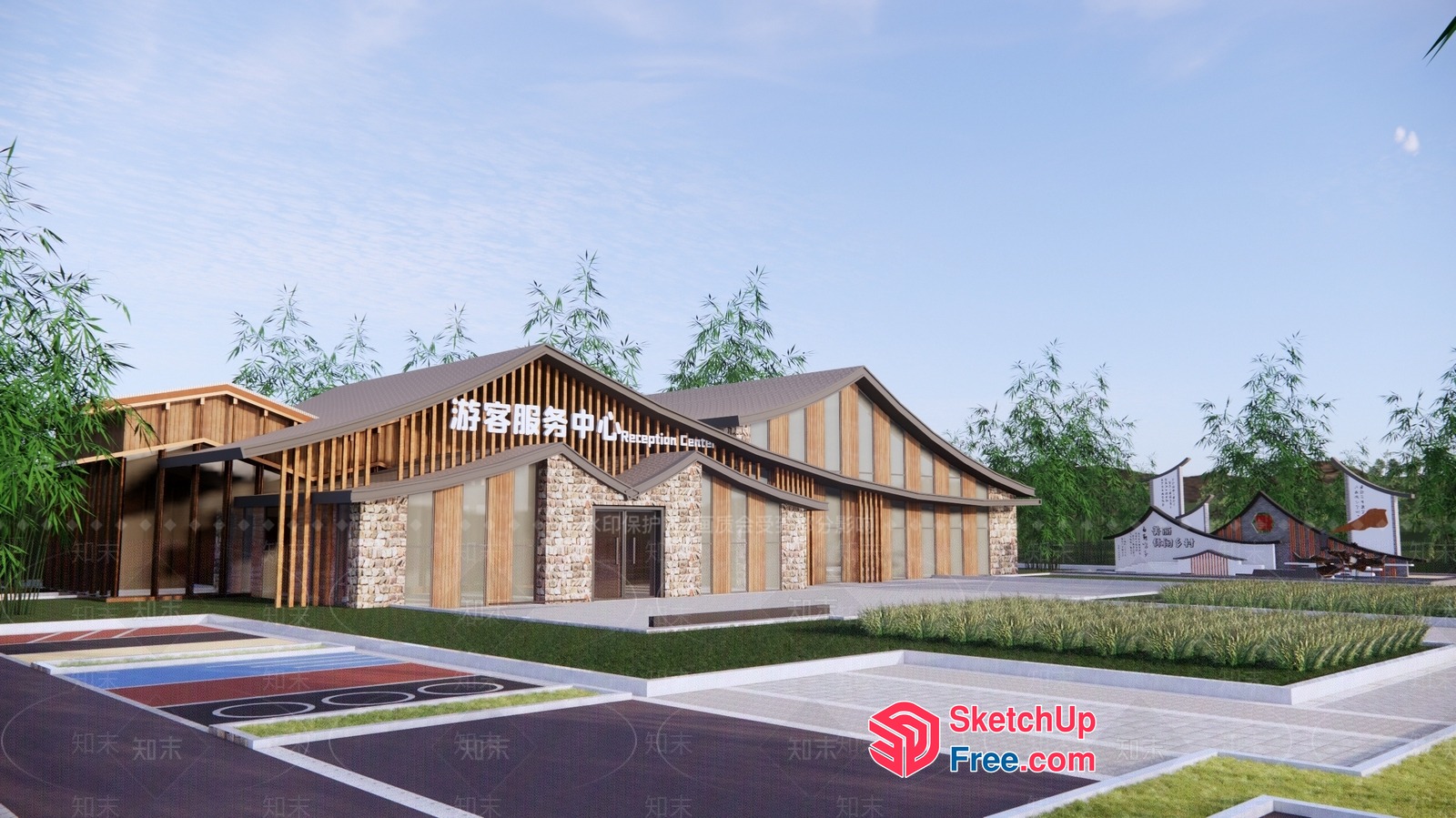 Asian Style Exterior With Unique Roof Design And Colorful Parking Spaces 3D SketchUp File