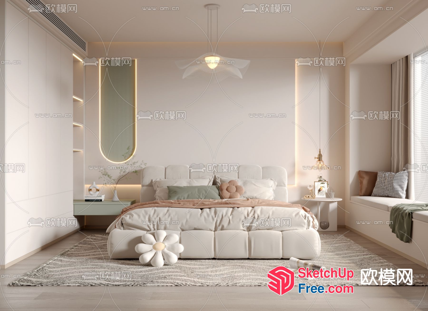 White And Creamy Minimalist Bedroom 3D SketchUp File