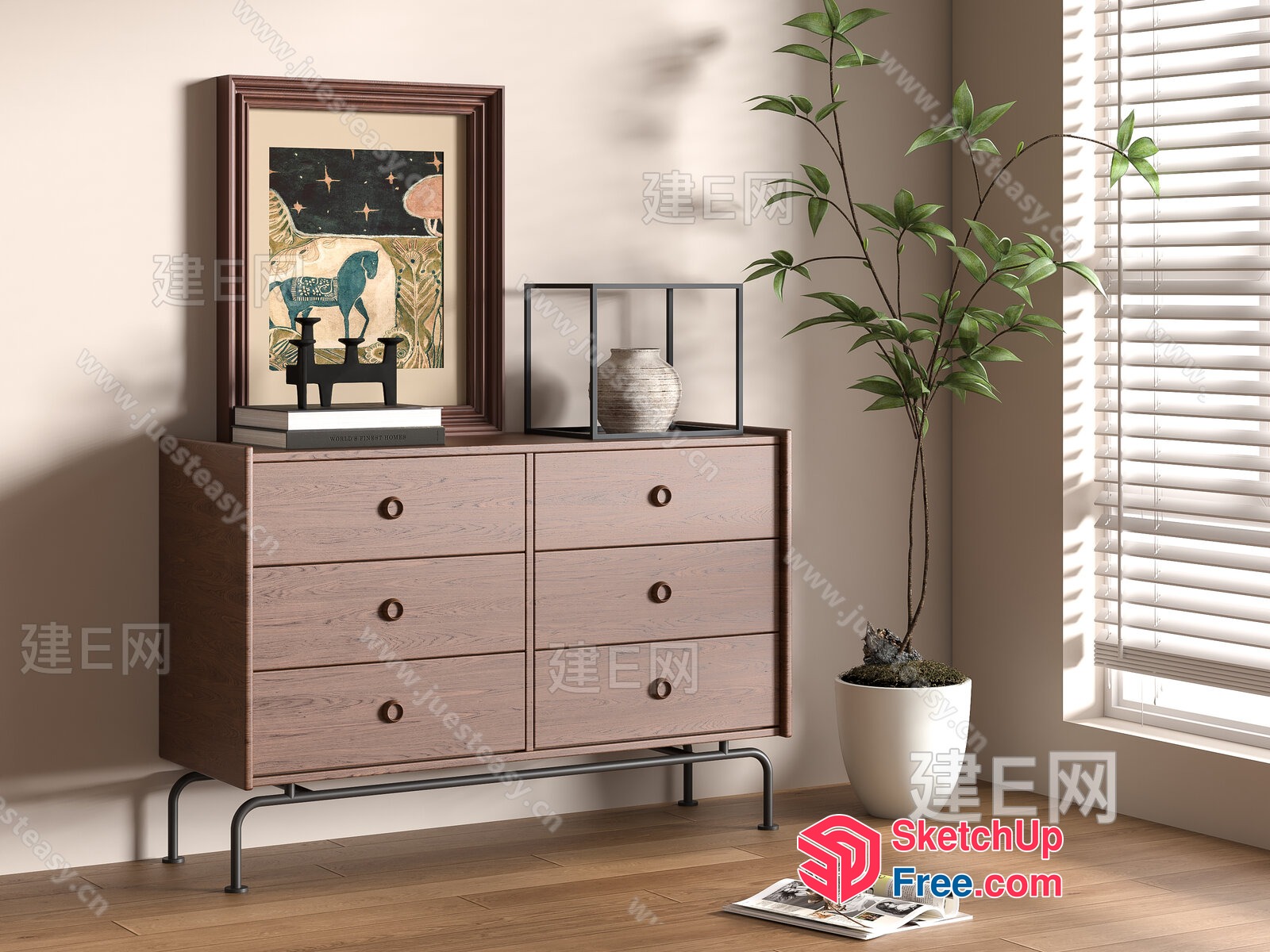 Mid-Century Modern Dresser In Light Wood Finish 3D SketchUp File