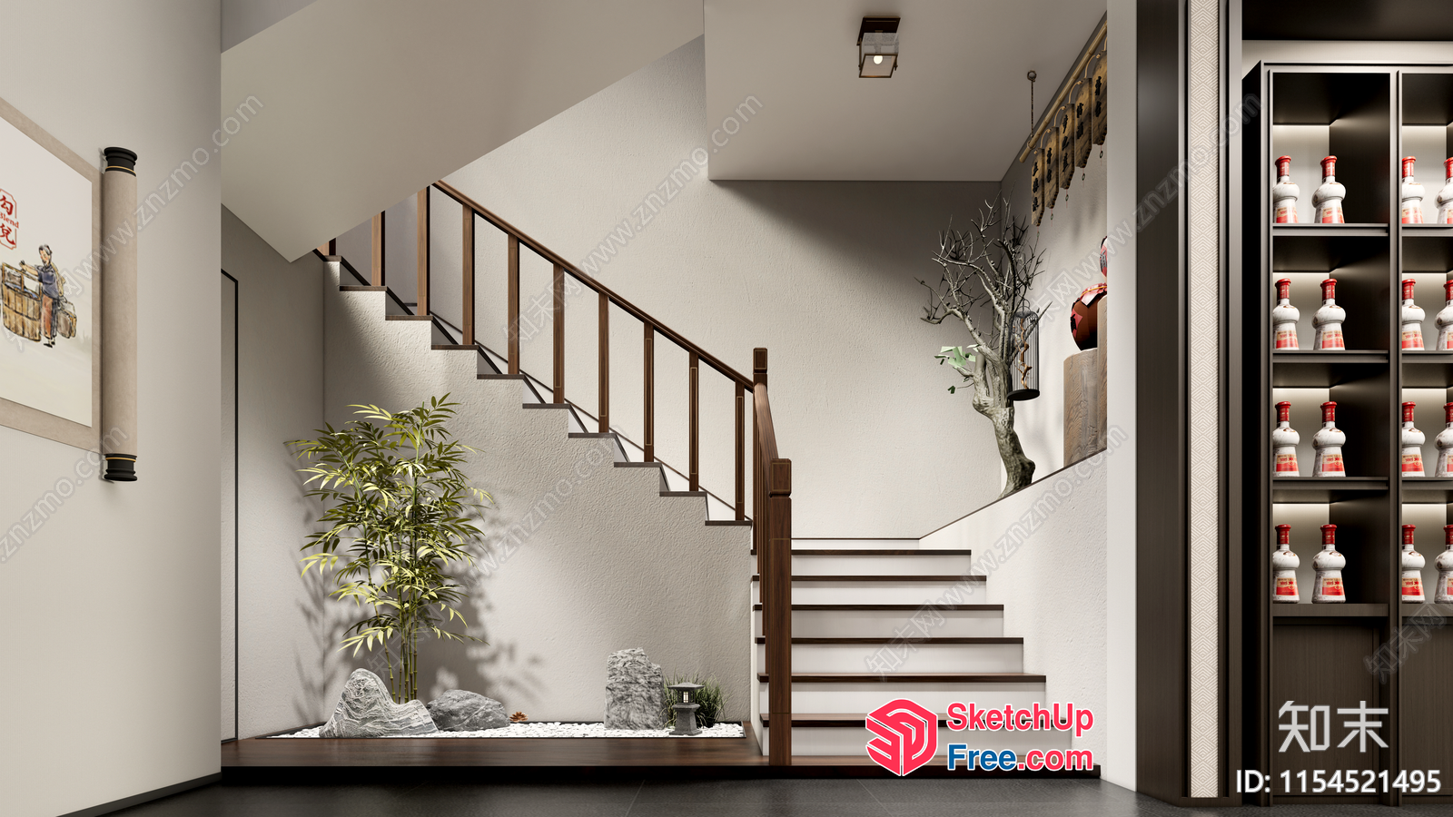 Staircase With Wood Railing And Decorative Elements 3D SketchUp File