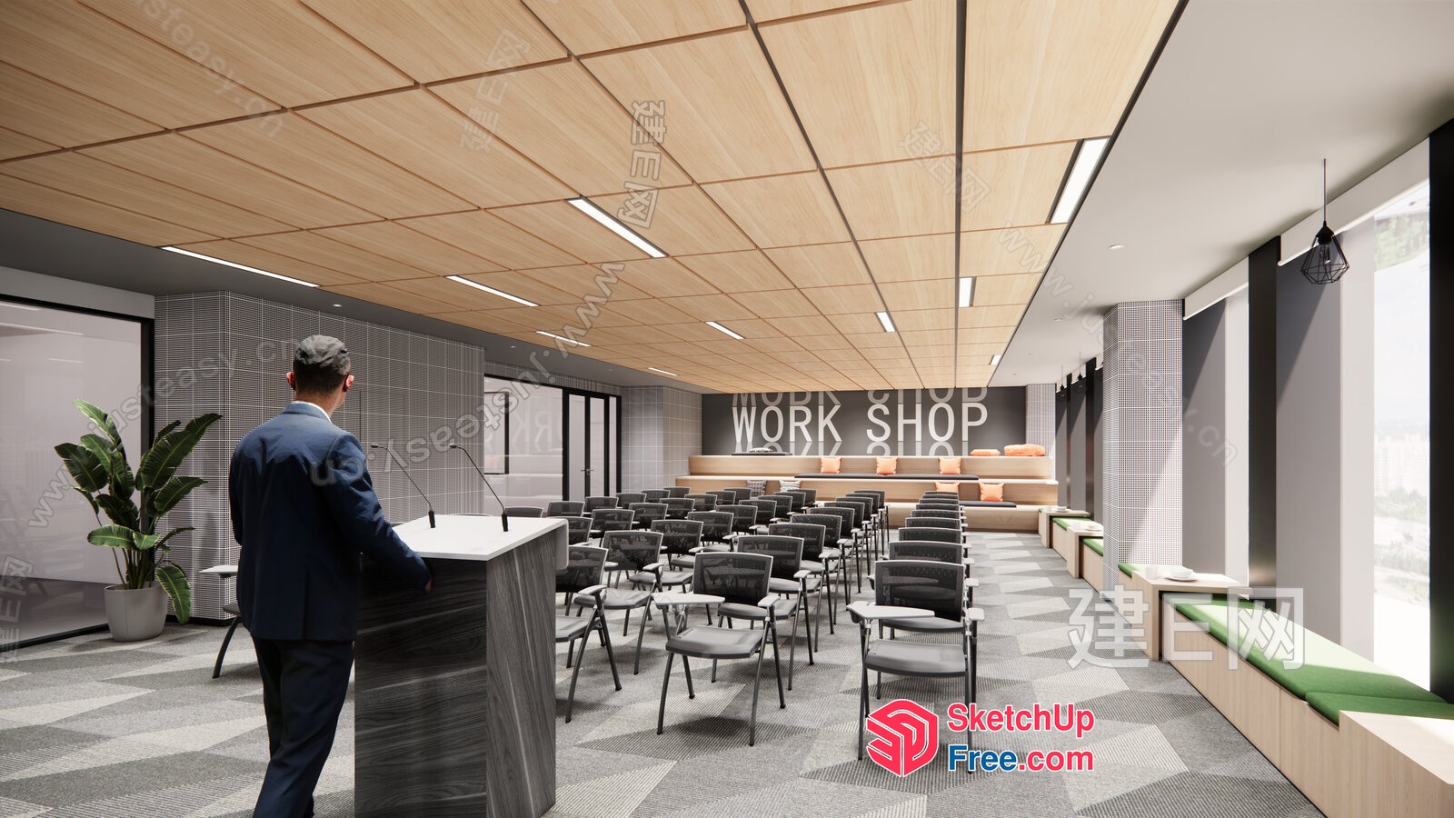 A Man In A Suit Standing At A Podium In A Large Room With A High Ceiling And A Wall Of Windows 3D SketchUp File