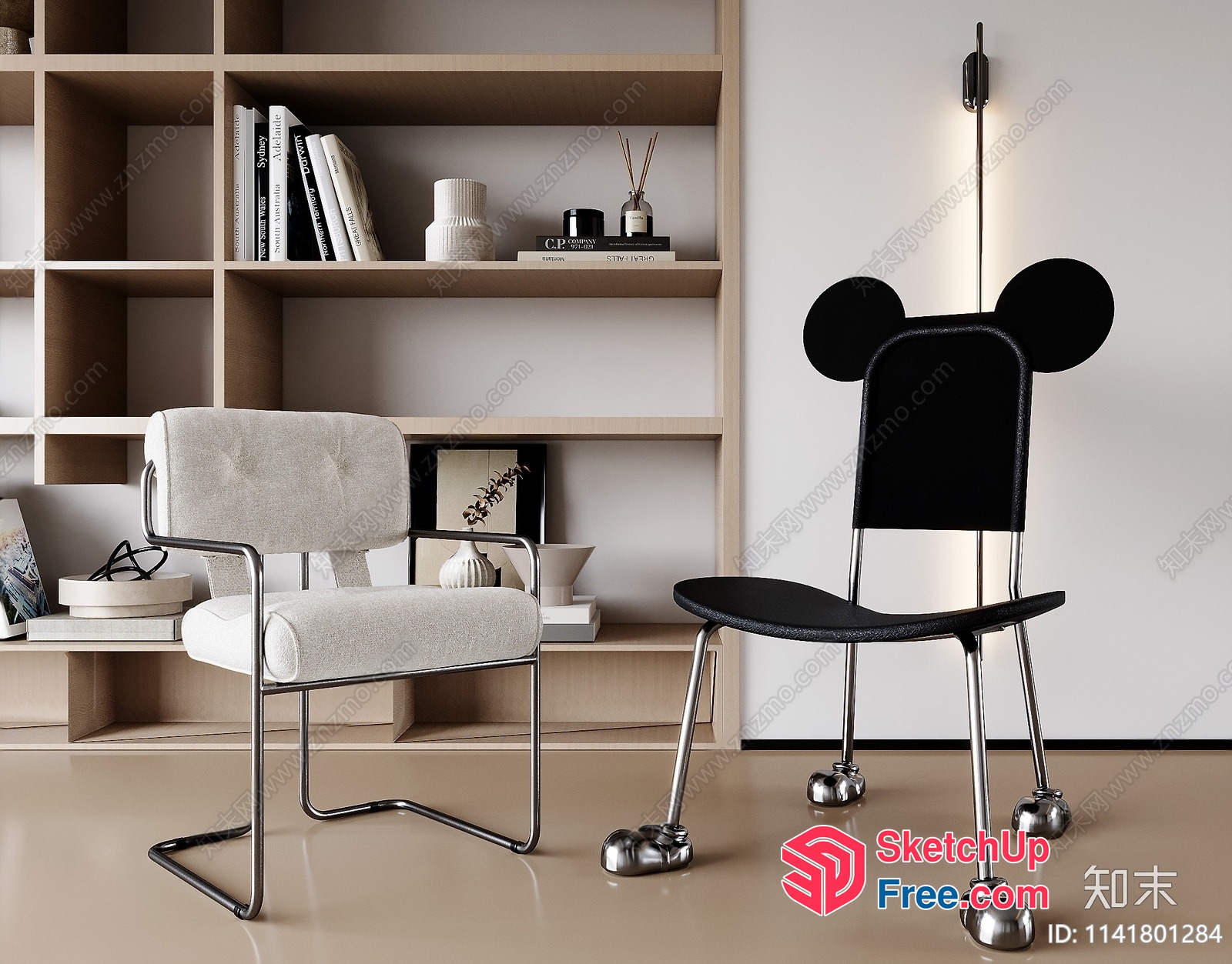 Two Chairs In A Modern Room With Bookshelf 3D SketchUp File