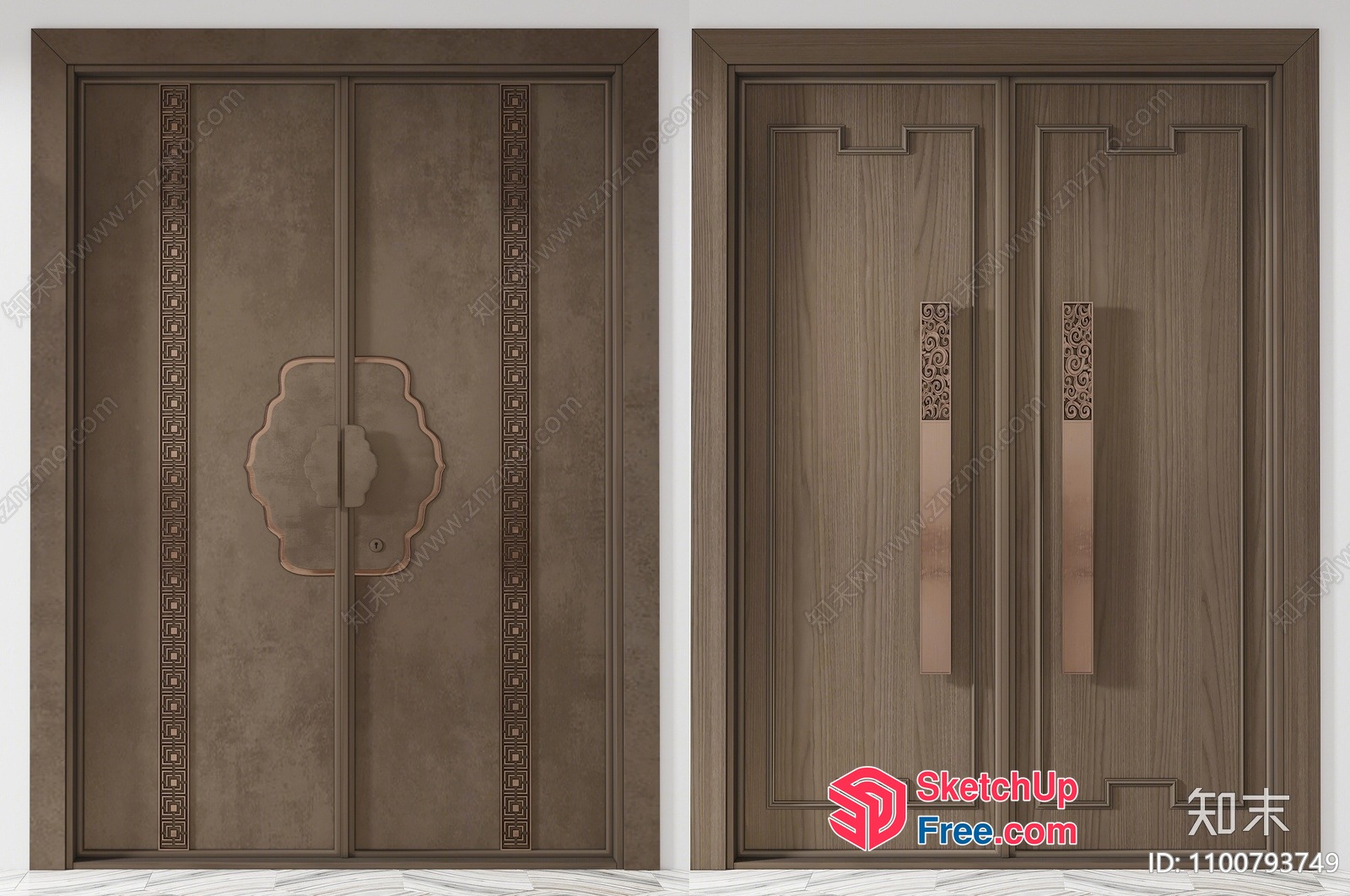 Luxurious Wooden Double Doors With Ornate Handles 3D SketchUp File