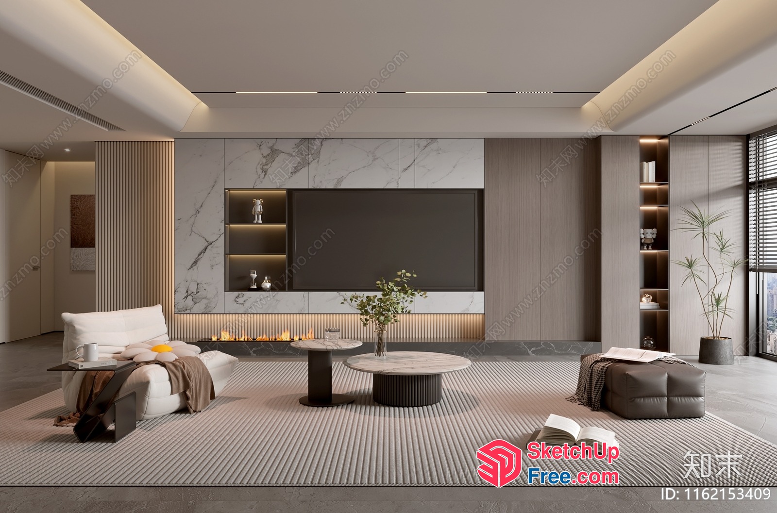 Modern Living Room With Minimalist Furniture And Fireplace 3D SketchUp File