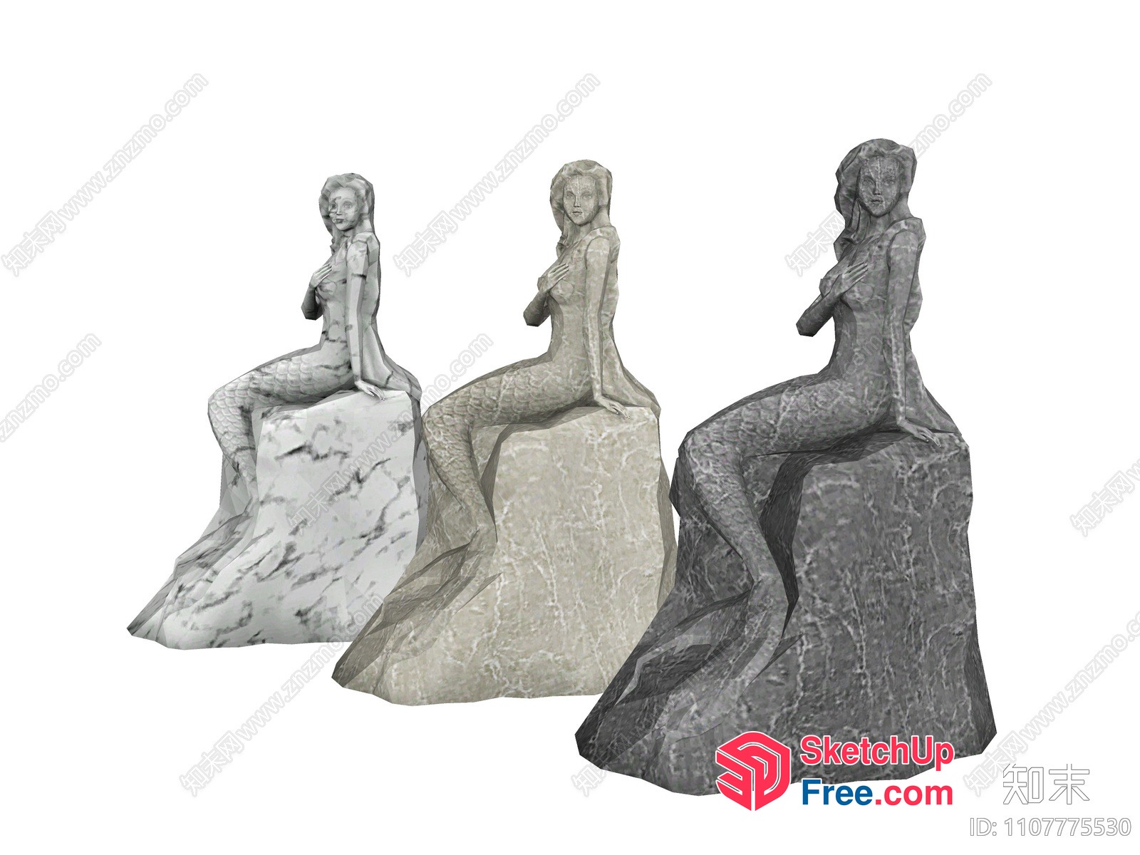 Three Marble Mermaid Statues On Rocks 3D SketchUp File