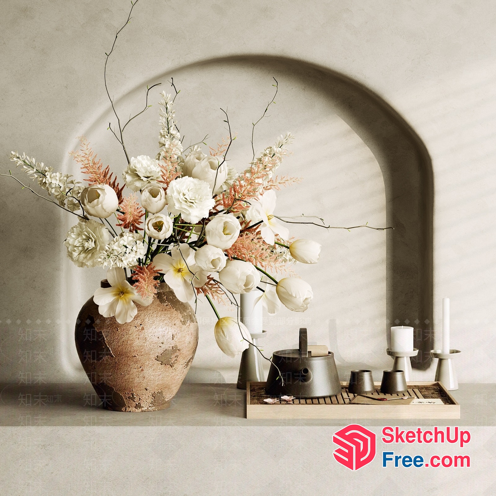 Elegant White And Pink Floral Arrangement In Distressed Vase 3D SketchUp File