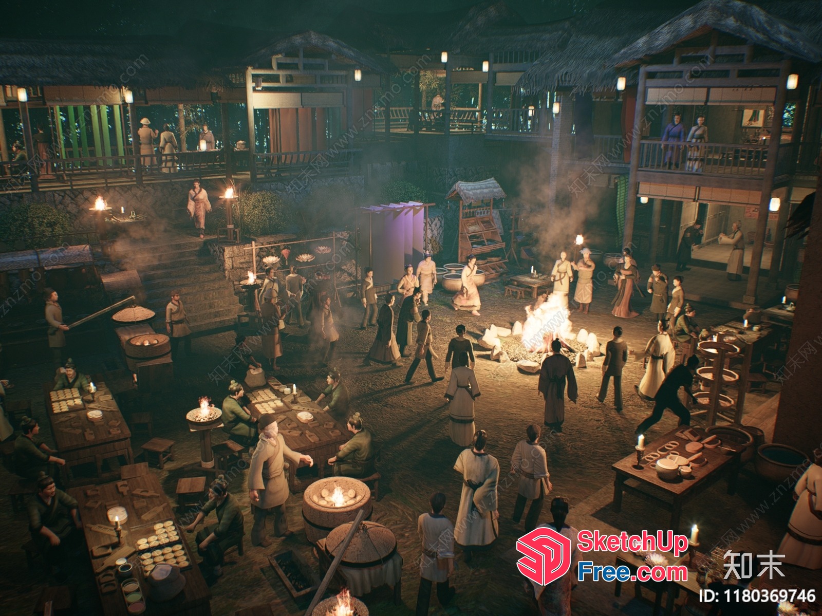 A Night Market Scene With Various Food Stalls And People 3D SketchUp File