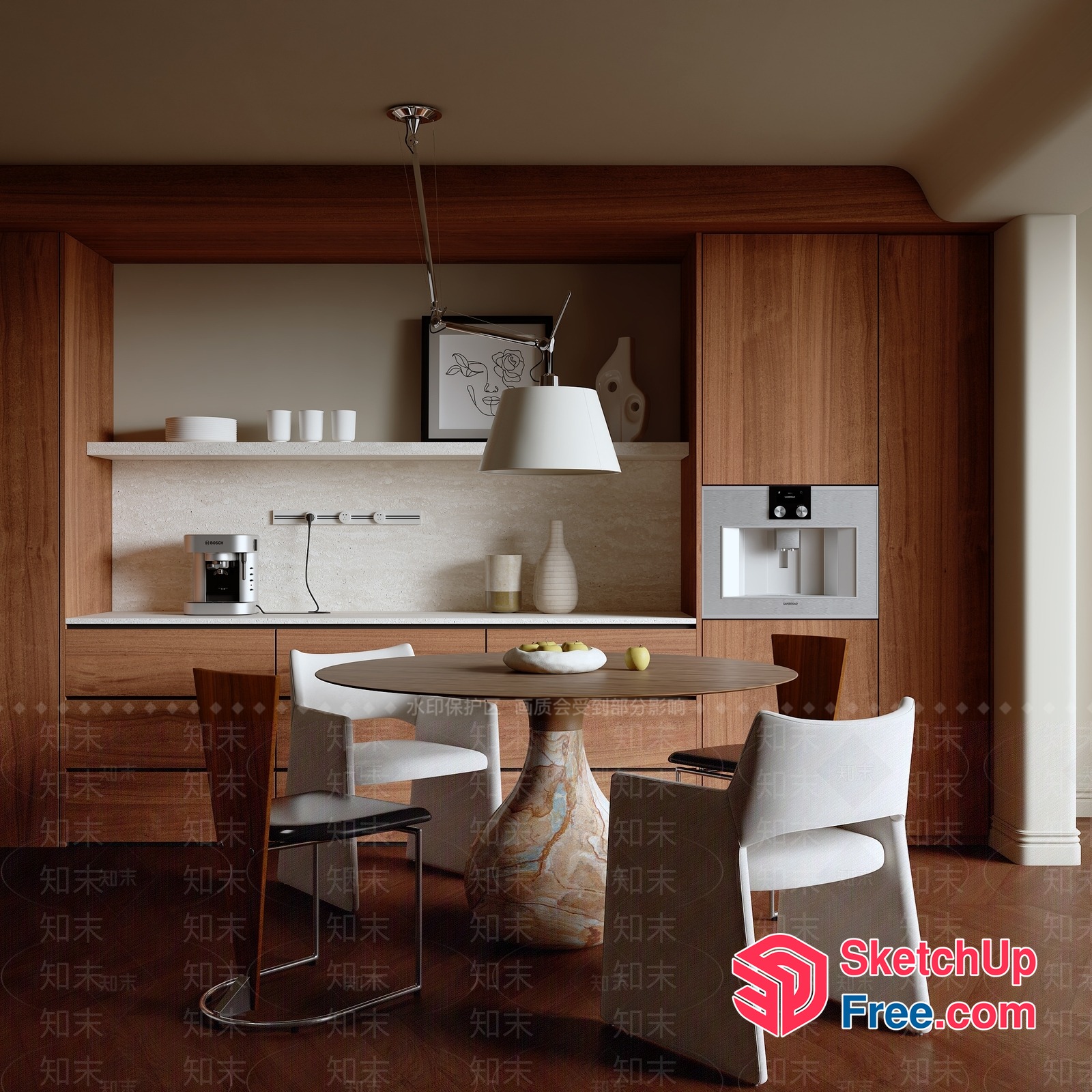 Modern Minimalist Dining Room With Wooden Furniture 3D SketchUp File