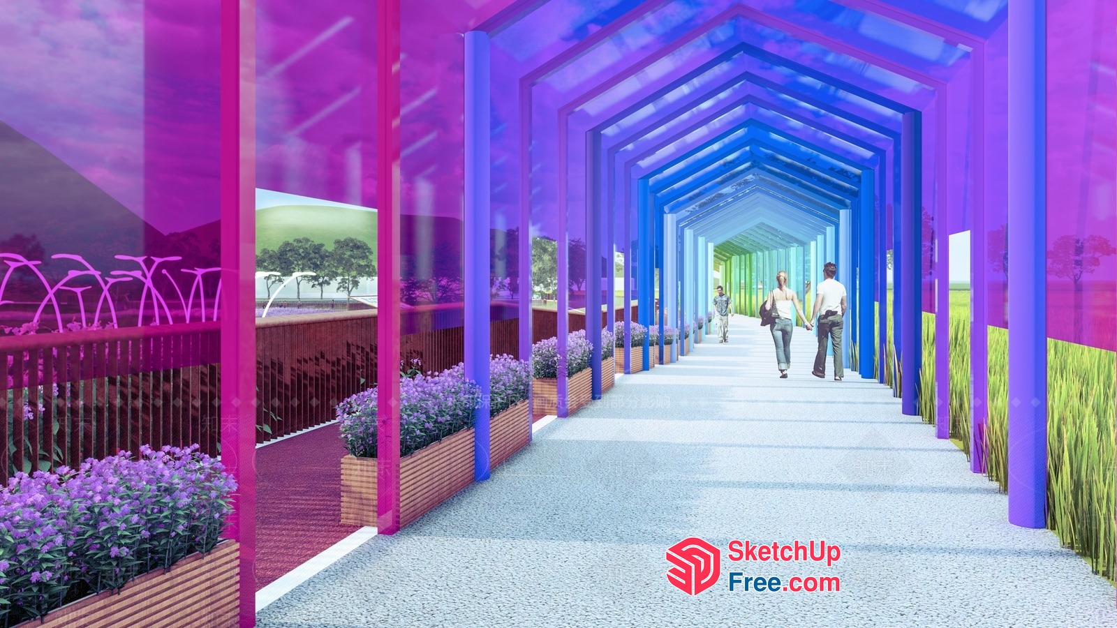 Vibrant Walkway With Artistic Pillars And Planters 3D SketchUp File