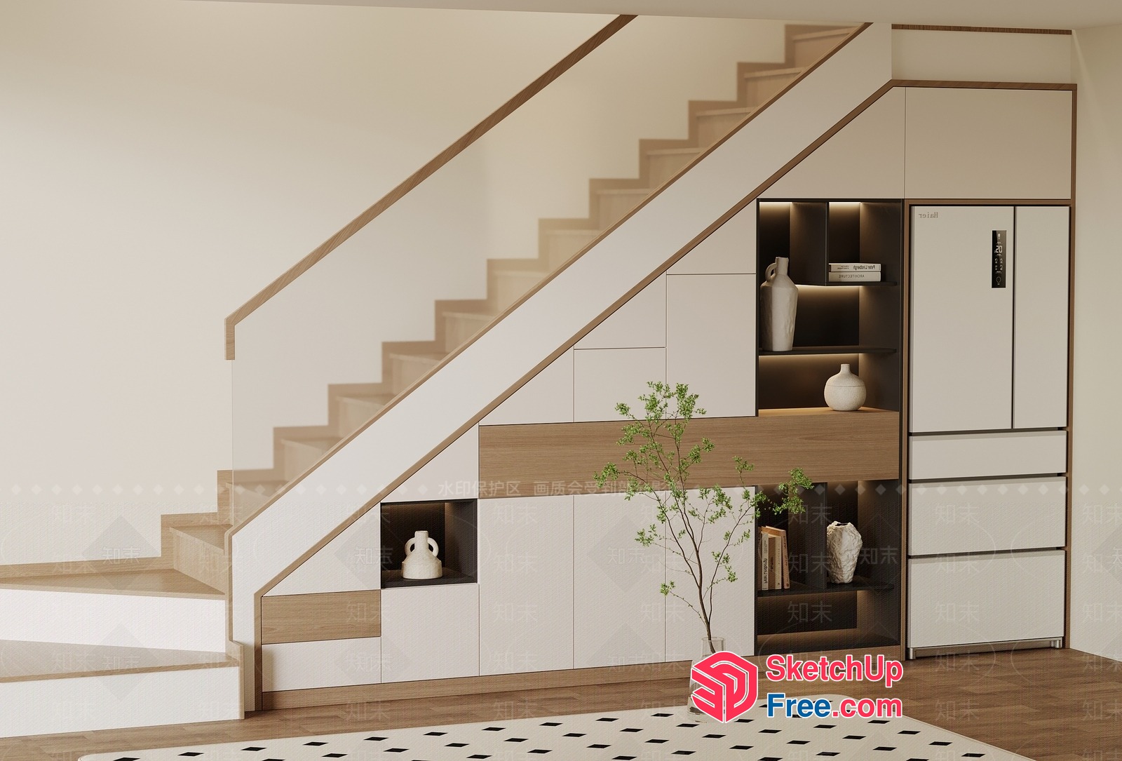Modern Staircase With Built-In Storage And Decorative Elements 3D SketchUp File