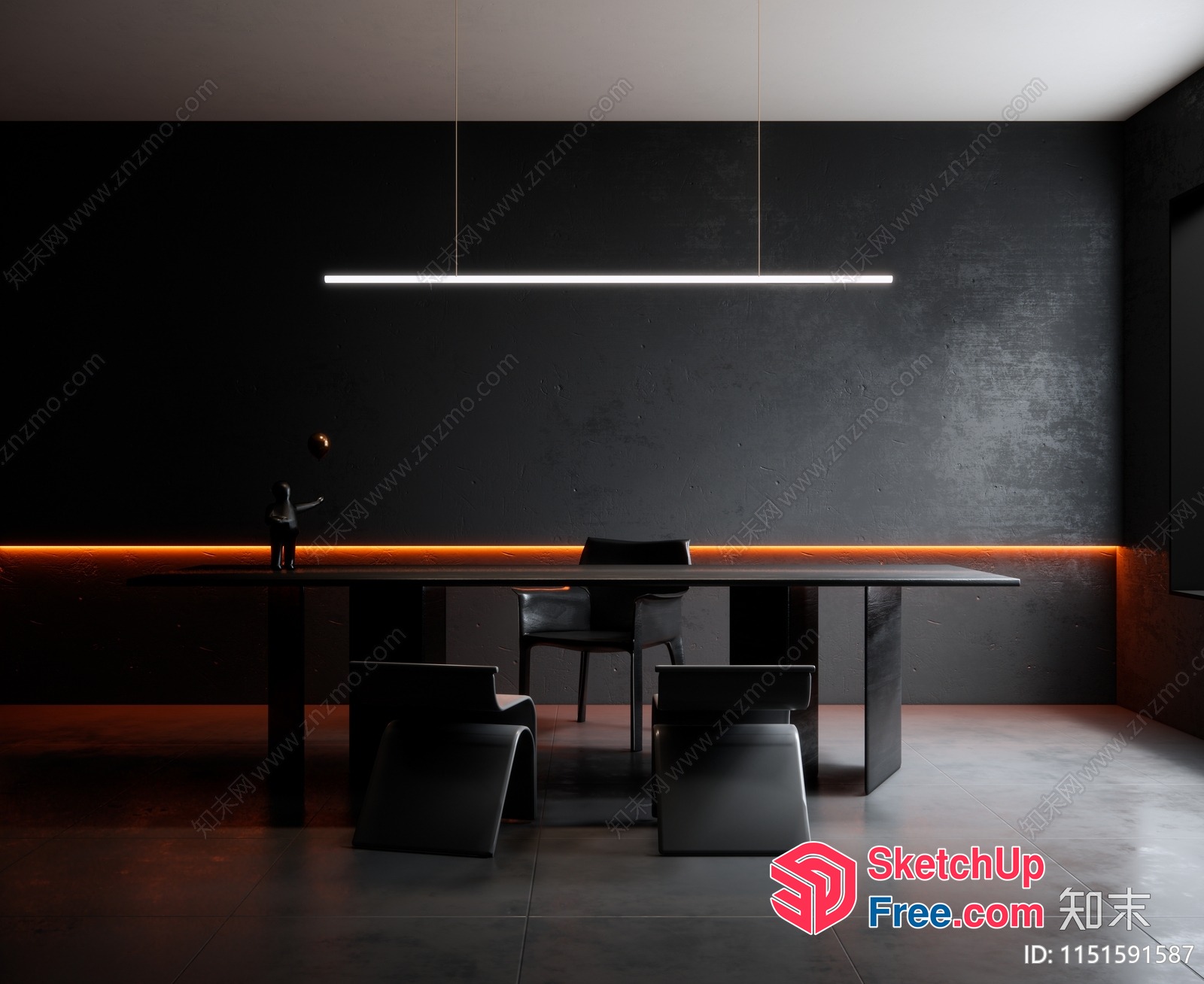 Modern Minimalist Dark Gray Dining Room With Sleek Furniture 3D SketchUp File