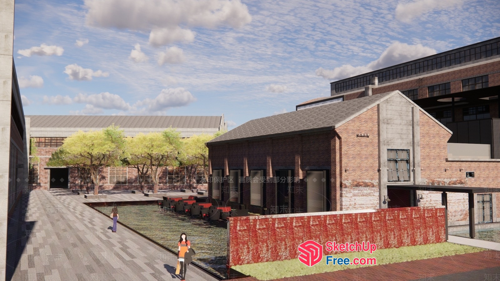 Industrial Park With Brick Buildings And Green Space 3D SketchUp File