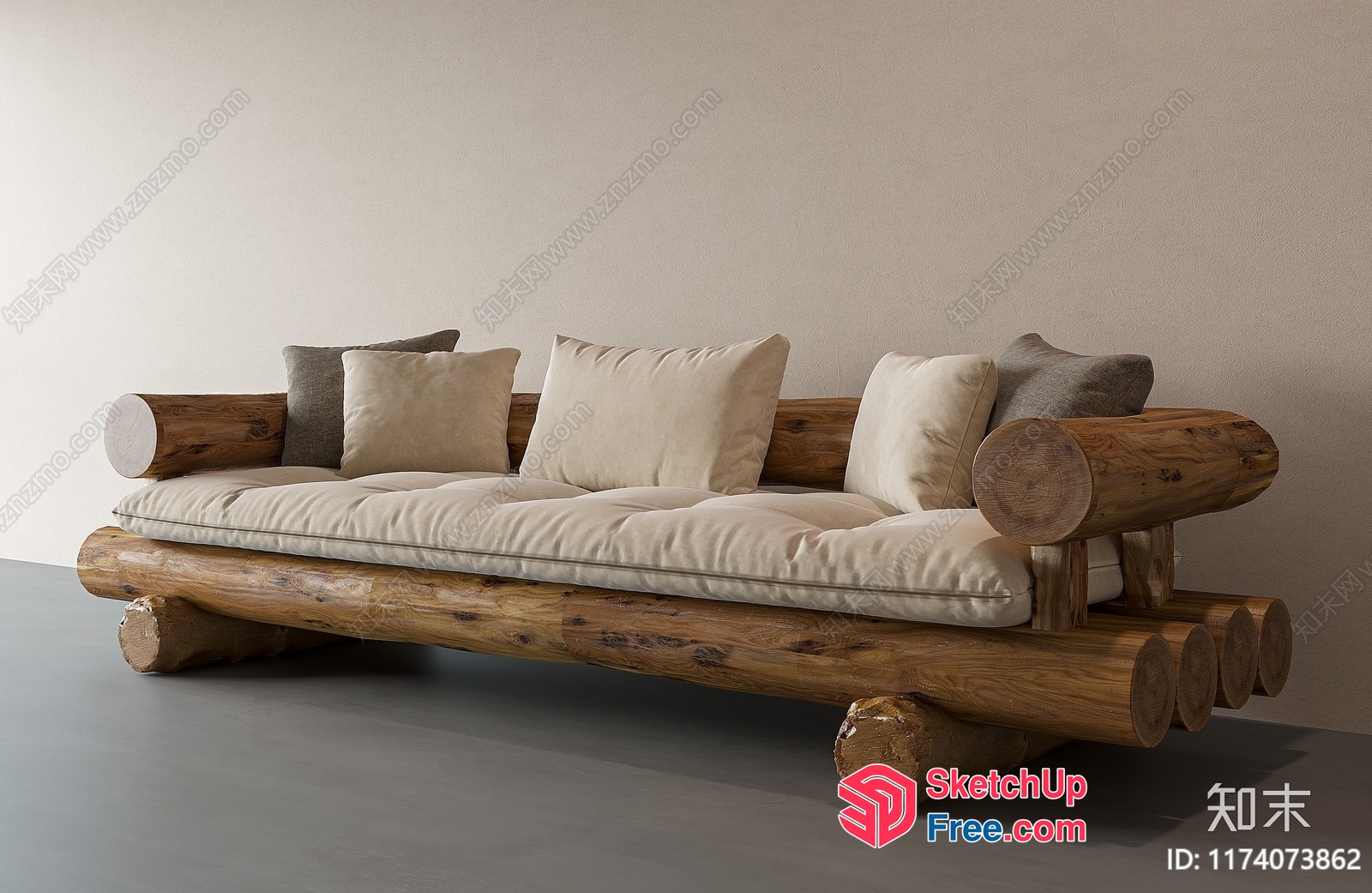 Rustic Log Sofa With Cushions 3D SketchUp File