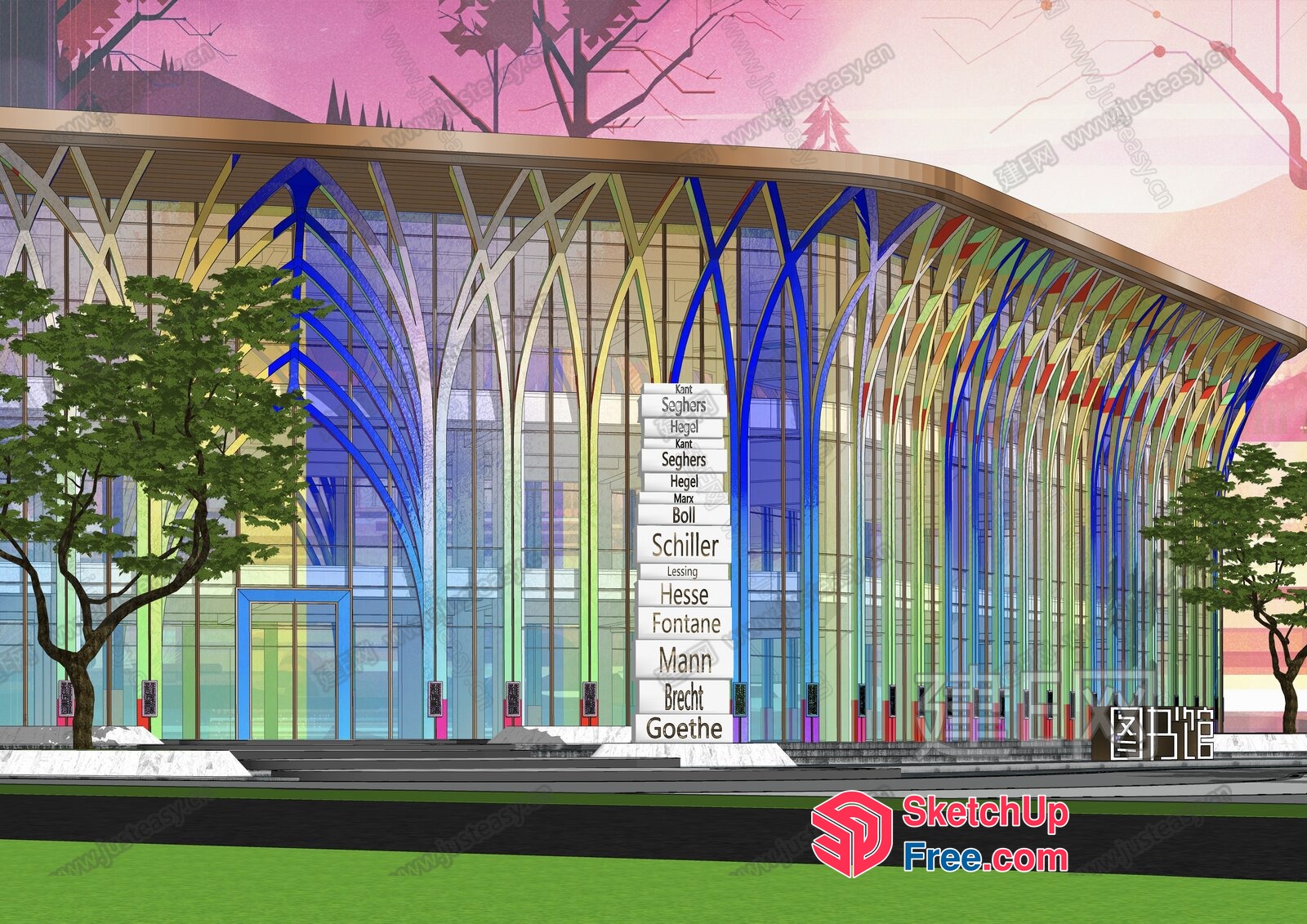 Modern Glass And Steel Building With Unique Roof Design 3D SketchUp File