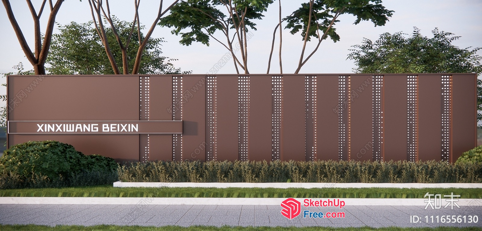 Brown Modern Exterior Wall With Greenery 3D SketchUp File