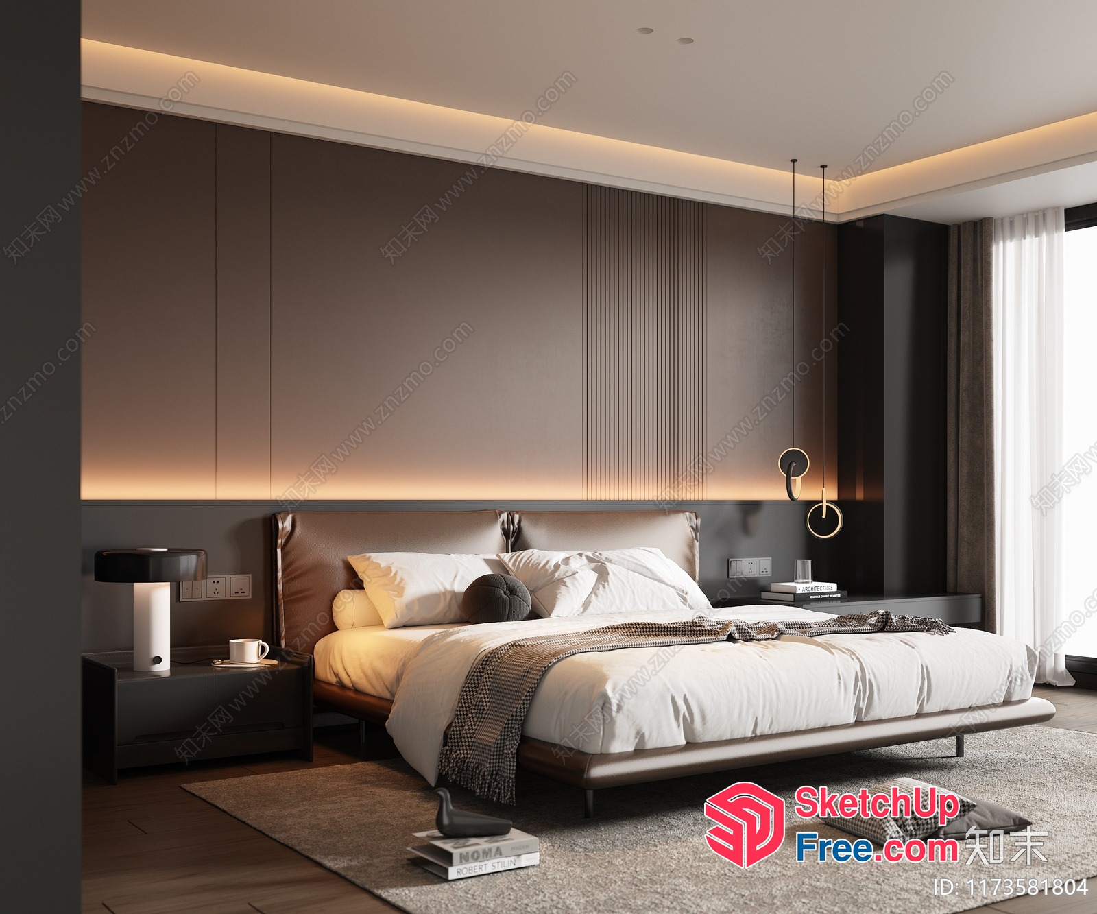 Modern Minimalist Bedroom Interior With White Bed And Brown Headboard 3D SketchUp File