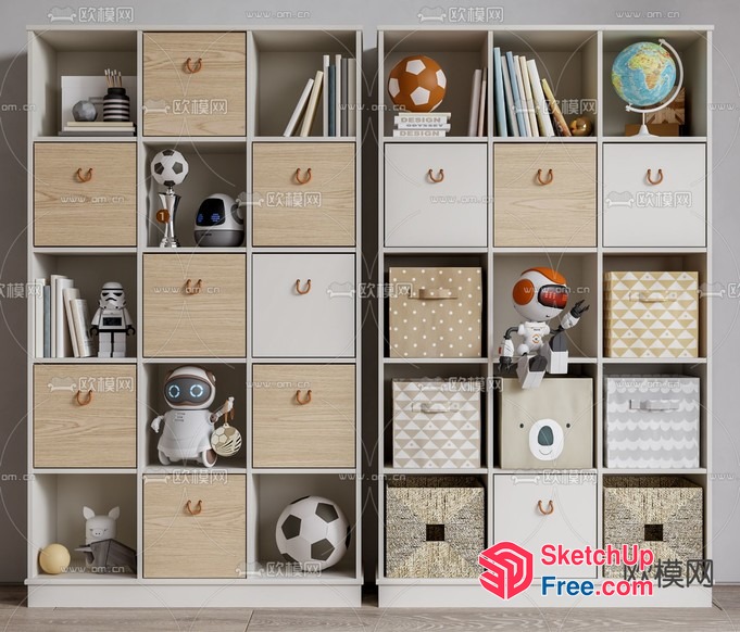 Two Modern White And Light Wood Storage Units With Various Decorations 3D SketchUp File