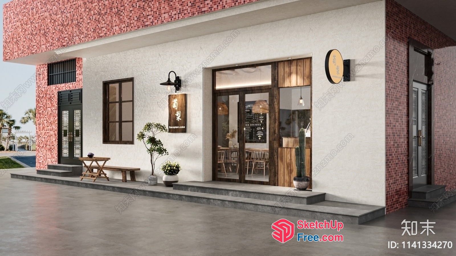 Modern Exterior Cafe With Red Brick And White Walls 3D SketchUp File