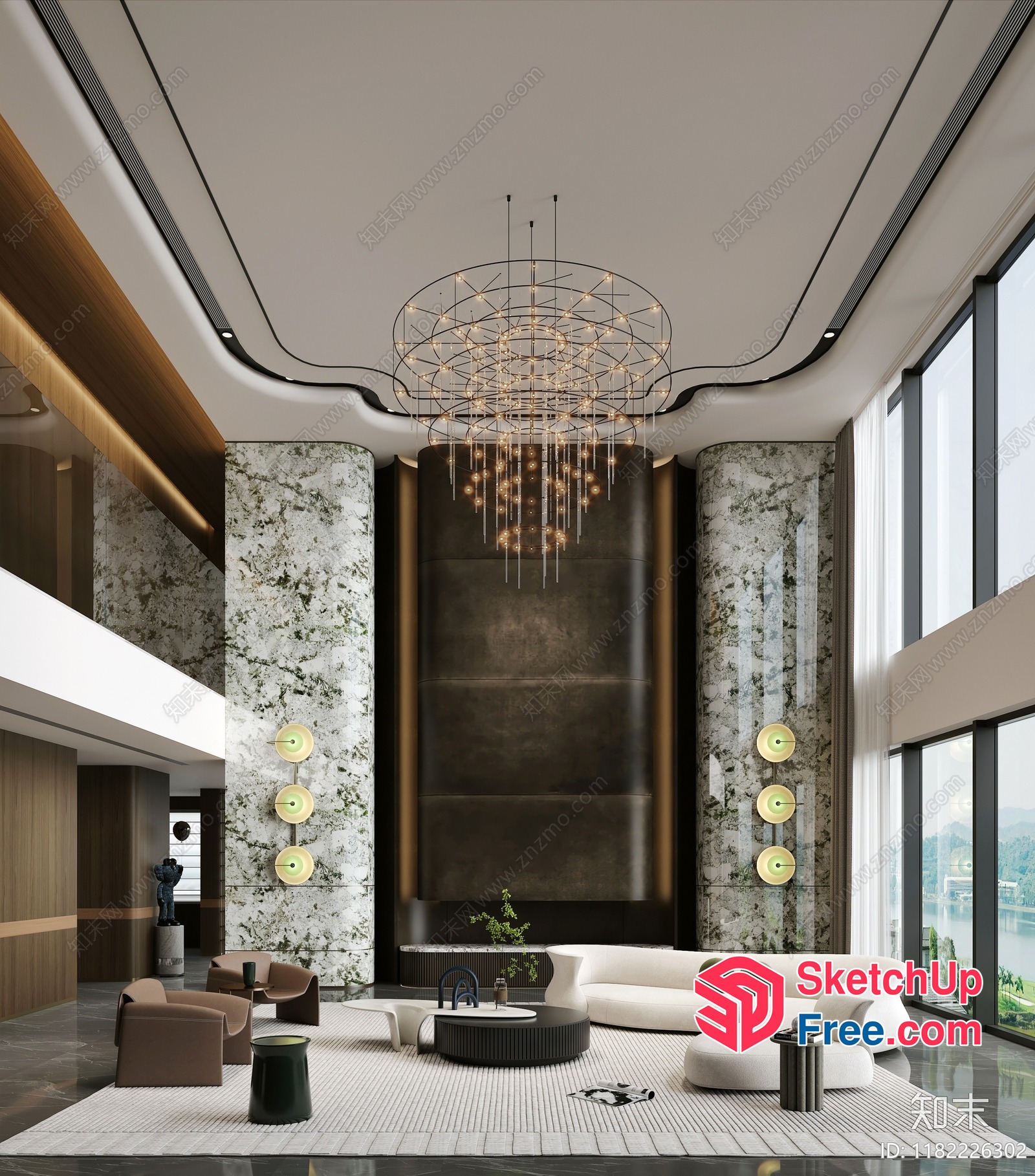 Elegant Modern Living Room Design With Large Windows And High Ceilings 3D SketchUp File